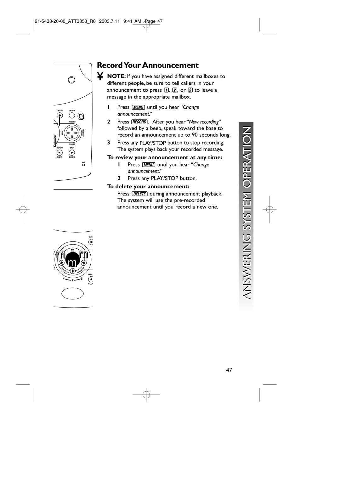 AT&T 3358 user manual RecordYour Announcement, To delete your announcement 