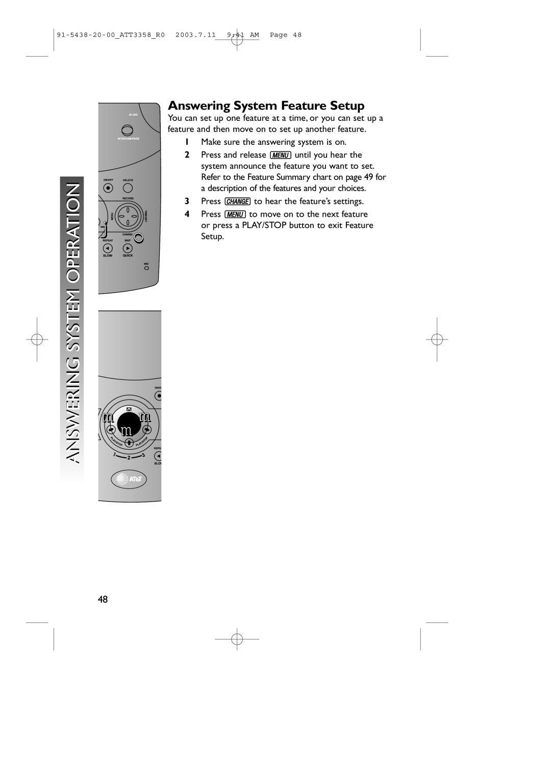 AT&T 3358 user manual Answering System Feature Setup 