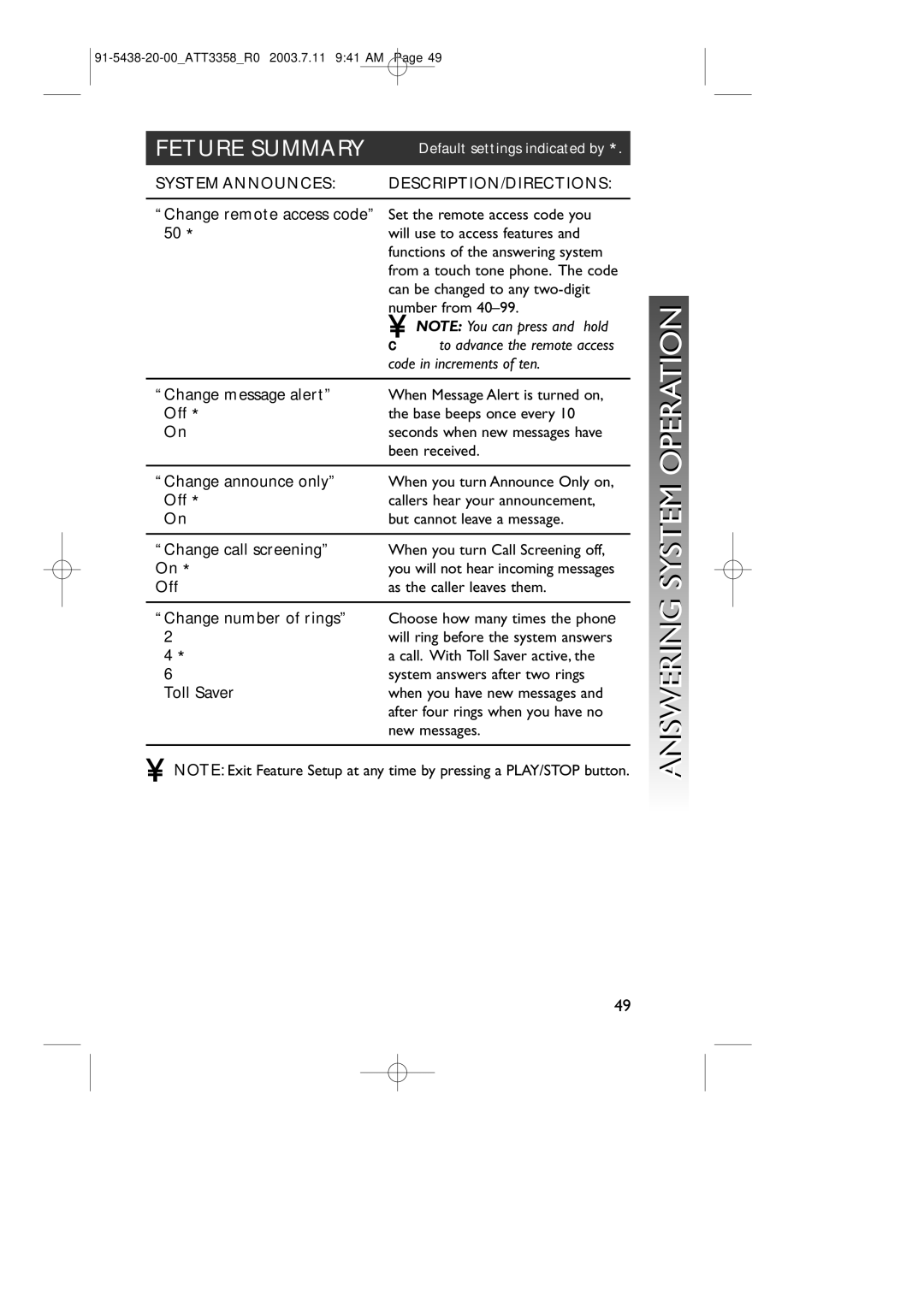 AT&T 3358 user manual Feture Summary 