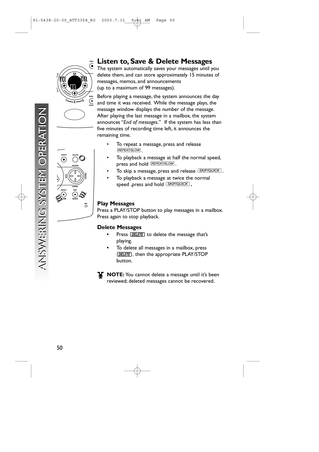 AT&T 3358 user manual Play Messages, Delete Messages 