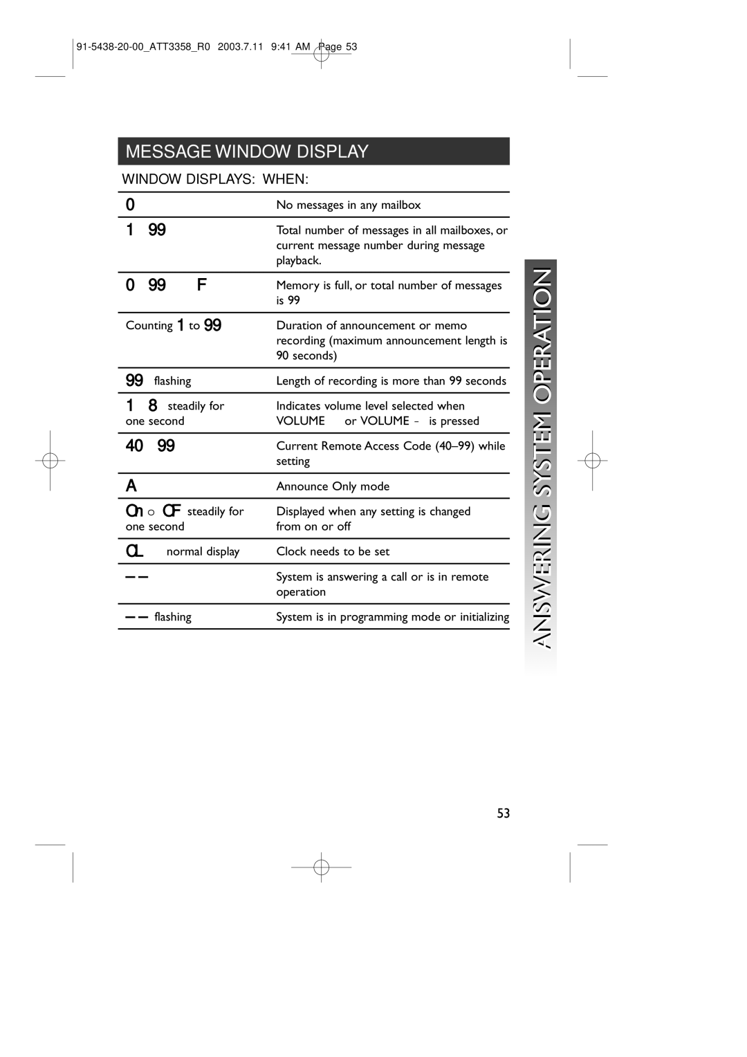 AT&T 3358 user manual Message Window Display, Window Displays When 