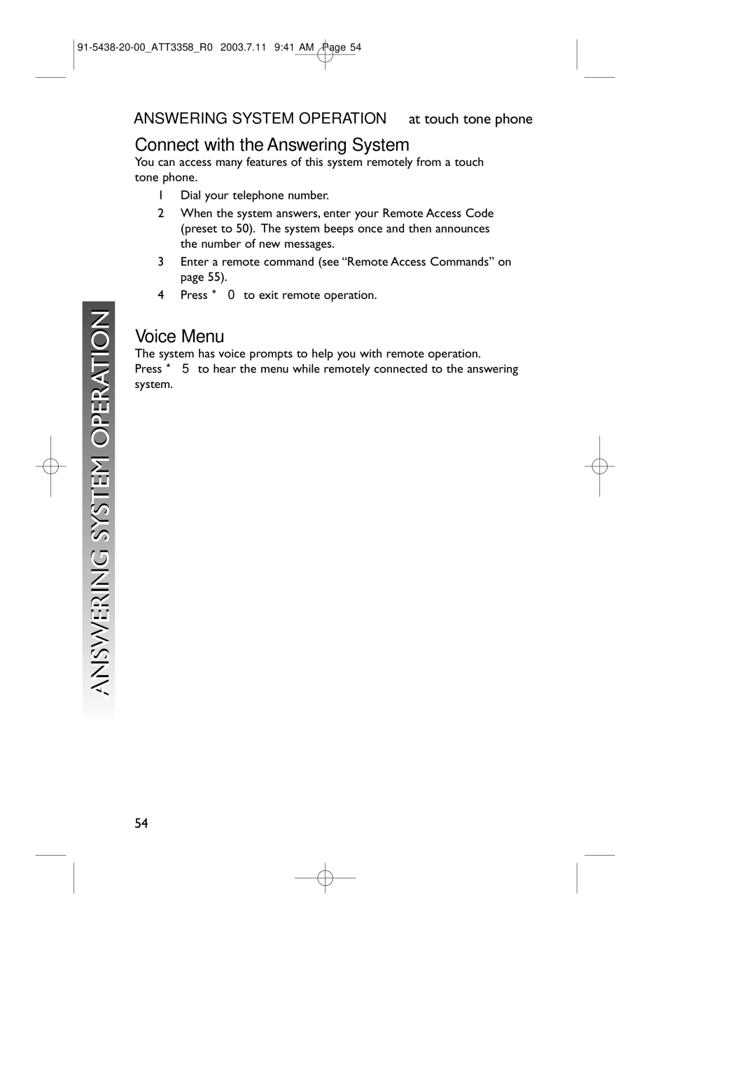 AT&T 3358 user manual Connect with the Answering System, Voice Menu 