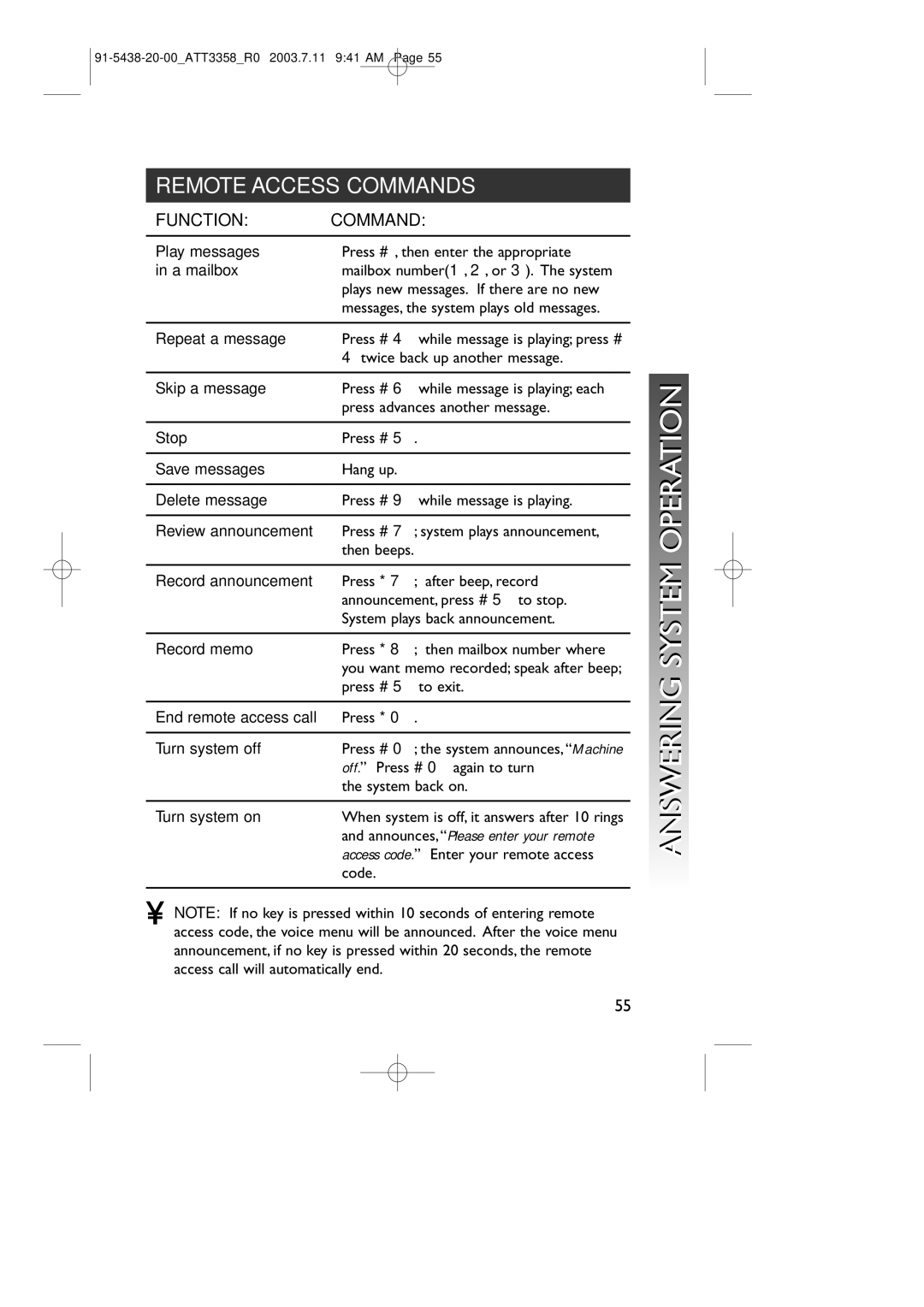 AT&T 3358 user manual Remote Access Commands, Function Command 