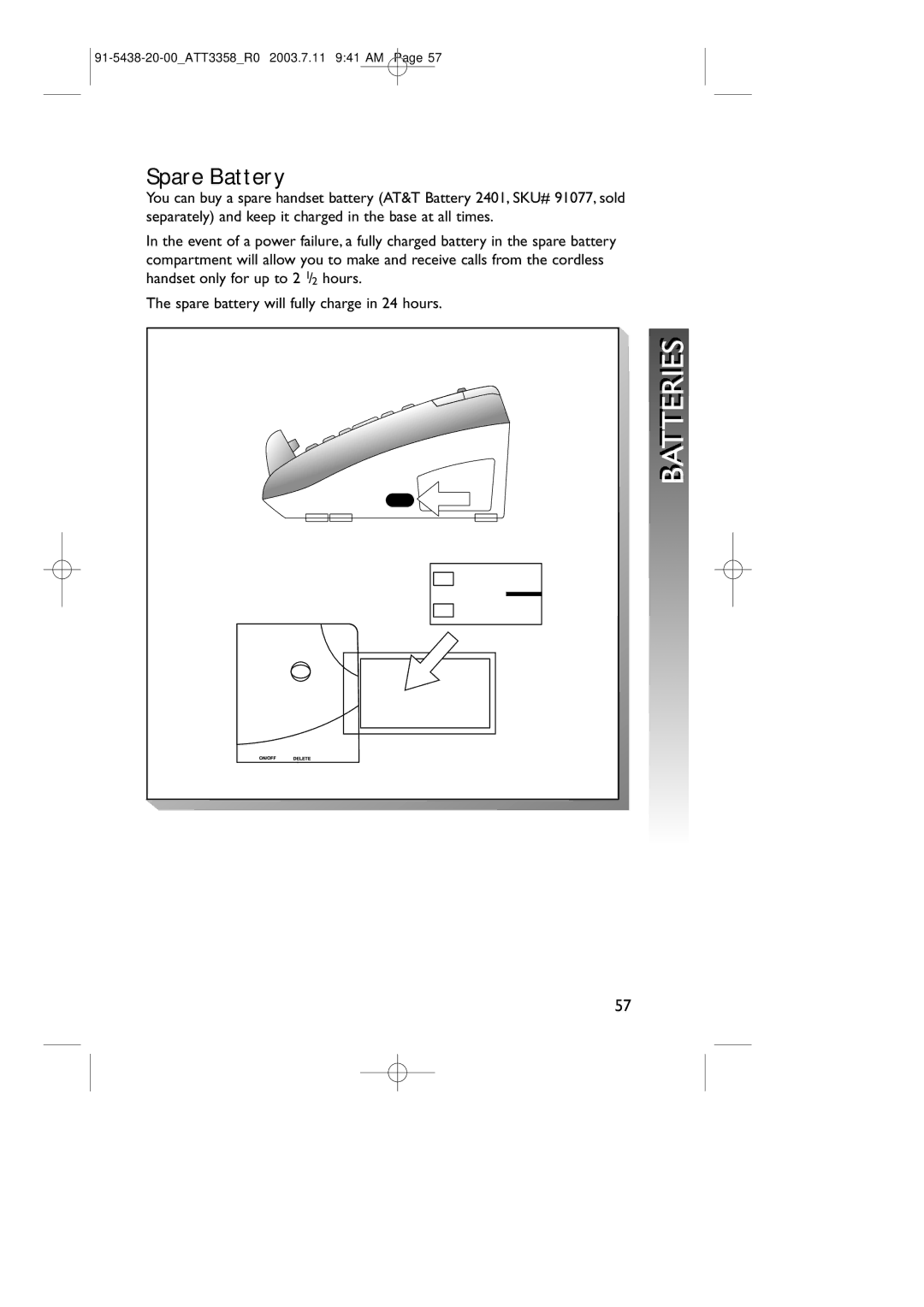 AT&T 3358 user manual Ibatteries, Spare Battery 