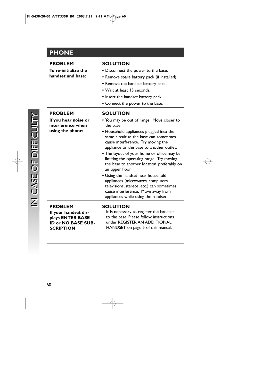 AT&T 3358 Problem Solution, To re-initialize the handset and base, If you hear noise or interference when using the phone 