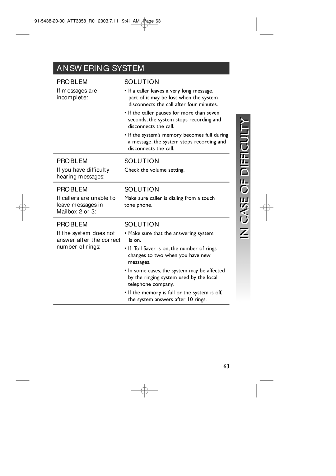 AT&T 3358 Case of Difficultyi, Answering System, If messages are, Incomplete, Leave messages Tone phone Mailbox 2 or 