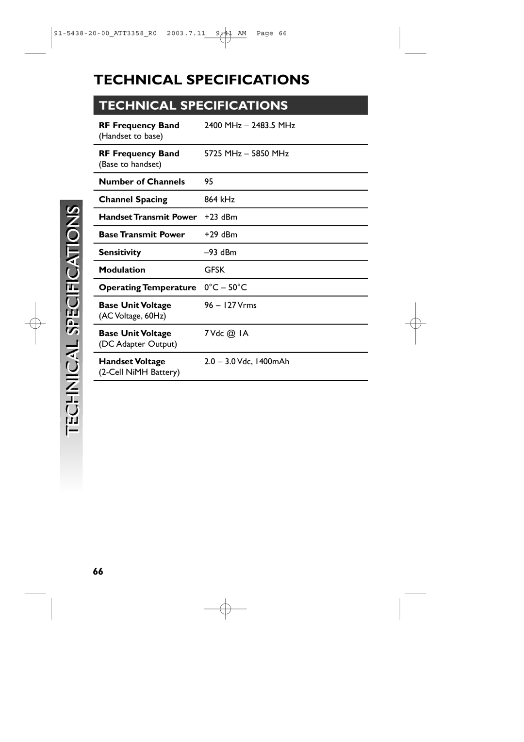 AT&T 3358 user manual Technicali Specificationsi, Technical Specifications 