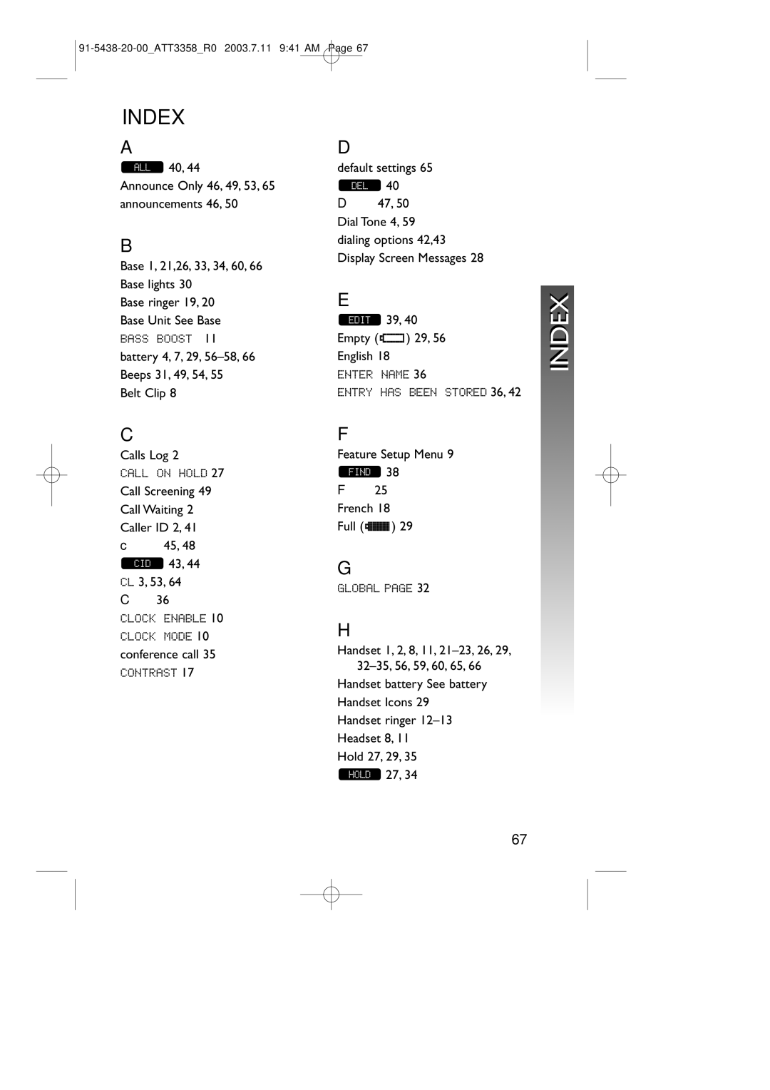 AT&T 3358 user manual Index, Iindex 