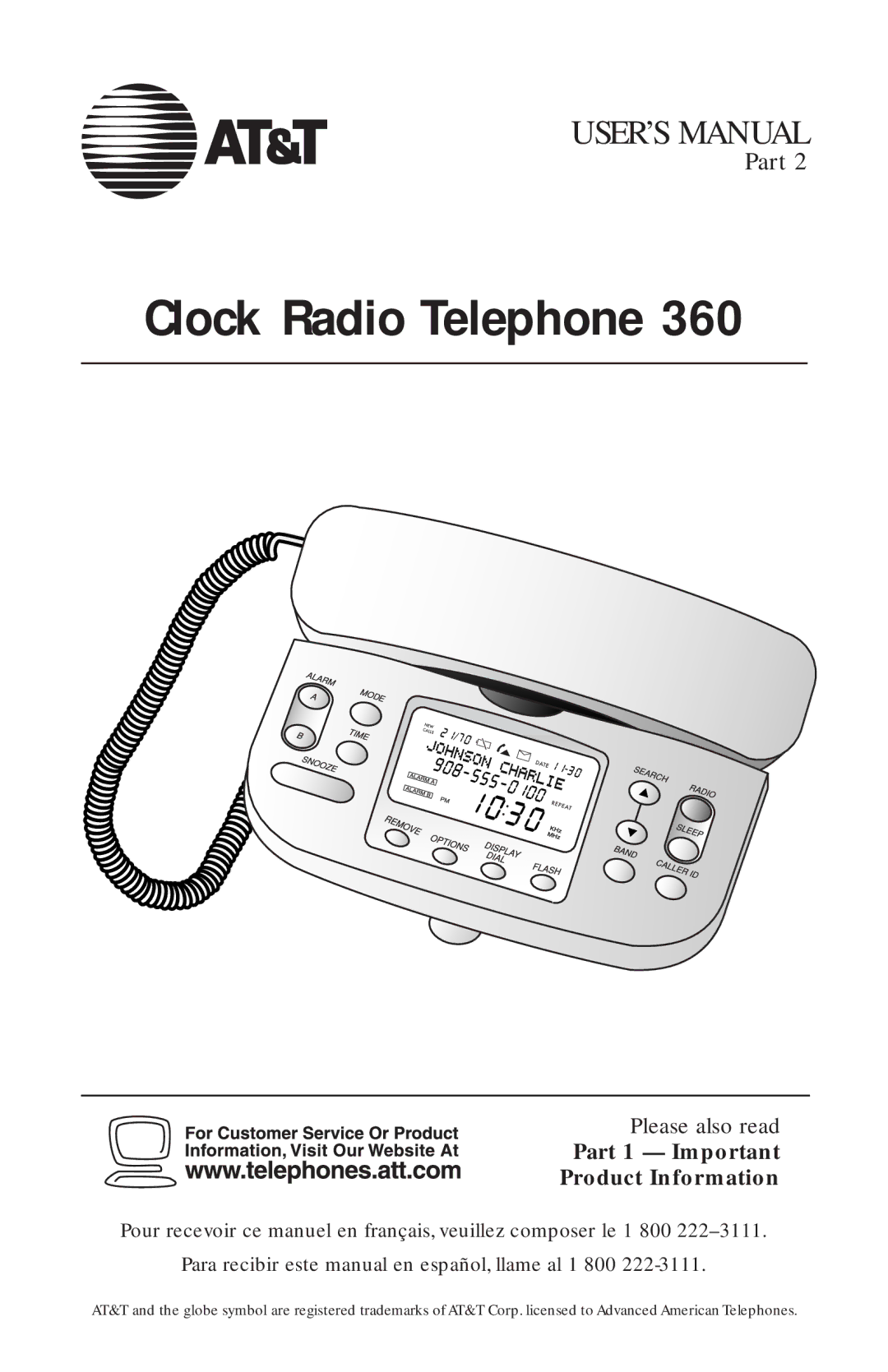 AT&T 360 user manual Clock Radio Telephone, Part 1 Important Product Information 