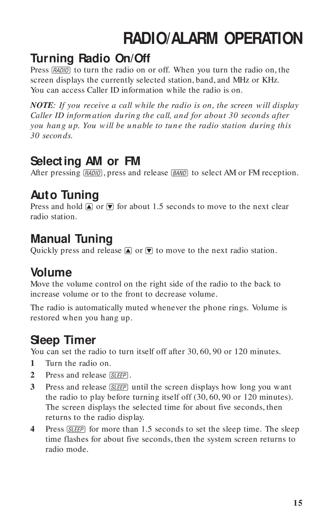 AT&T 360 user manual Turning Radio On/Off, Selecting AM or FM, Auto Tuning, Manual Tuning, Volume, Sleep Timer 