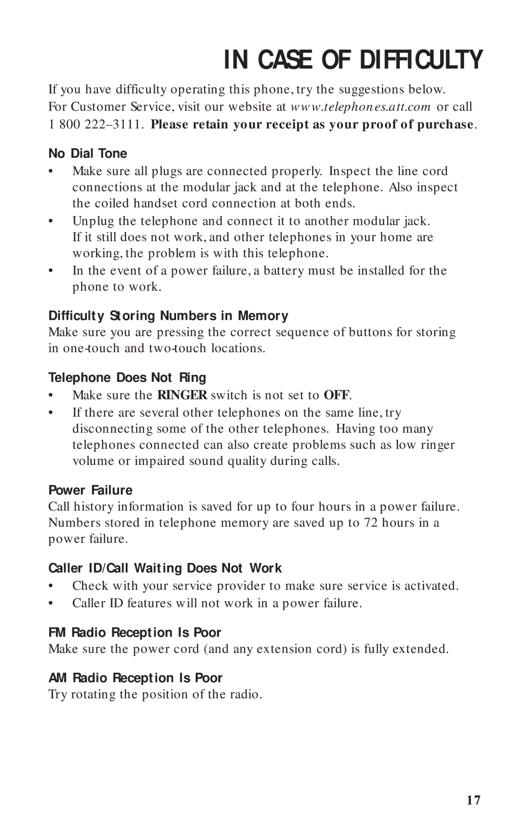 AT&T 360 user manual Case of Difficulty, No Dial Tone 