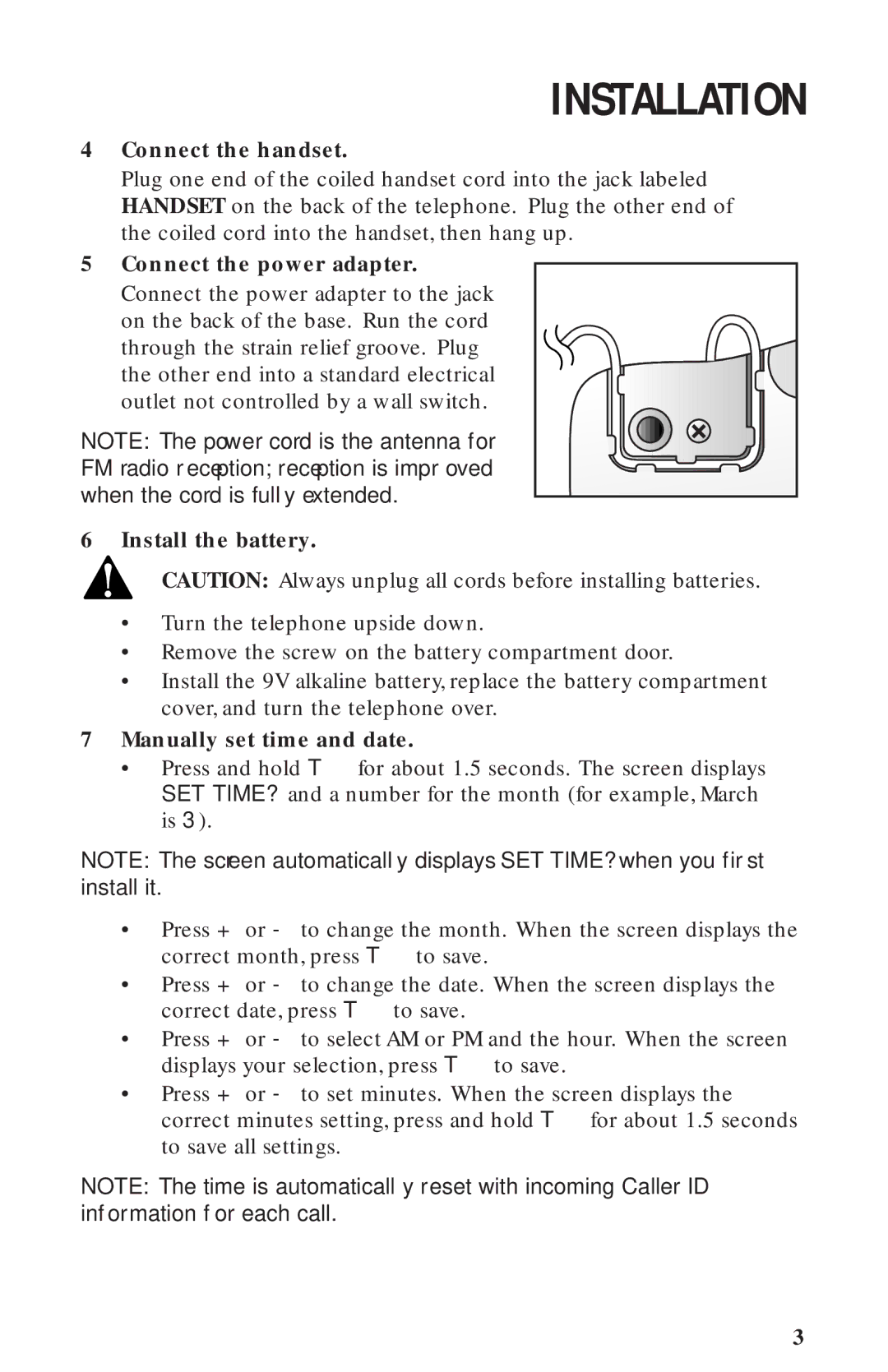 AT&T 360 user manual Connect the handset, Connect the power adapter, Install the battery, Manually set time and date 