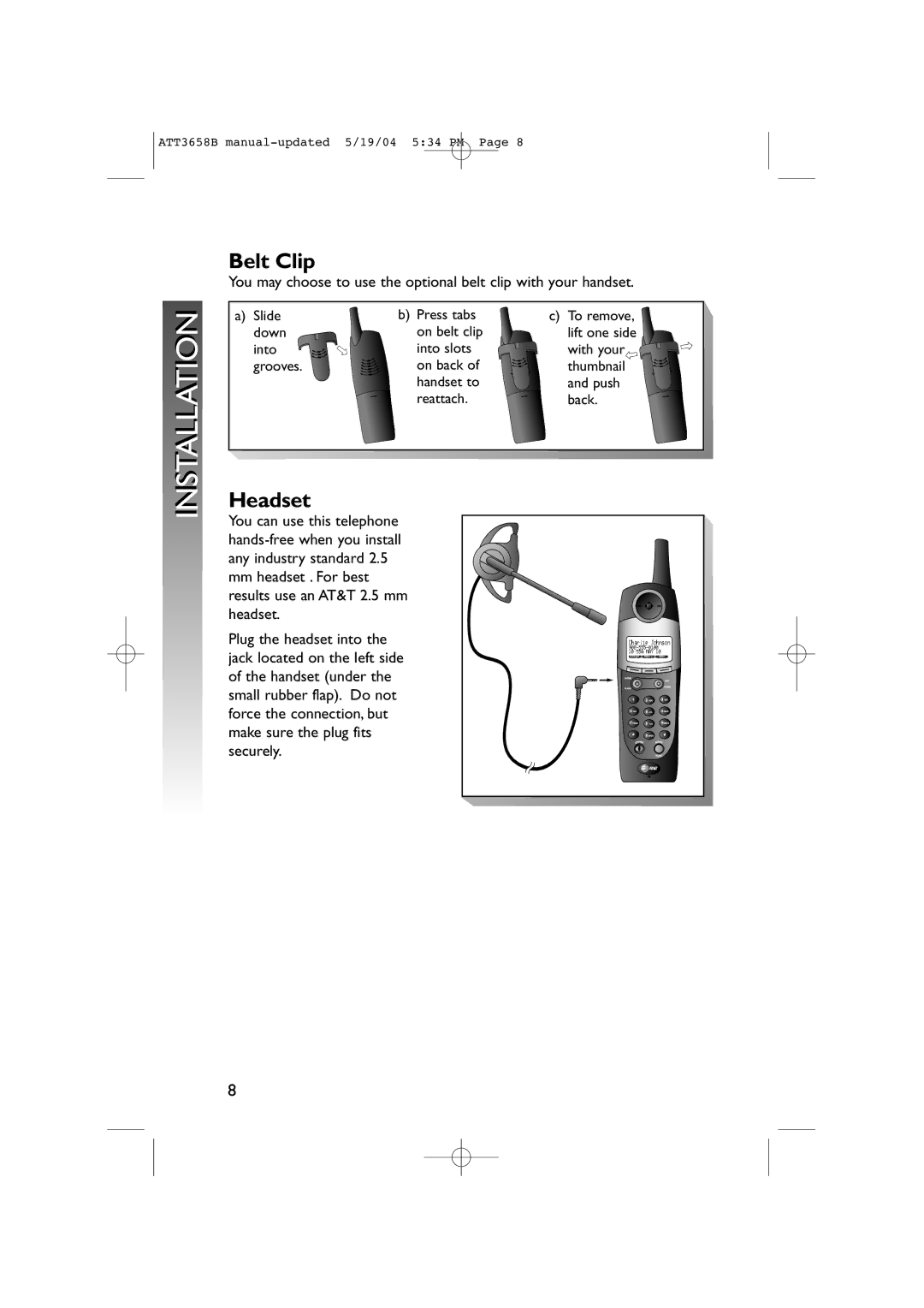 AT&T 3658B user manual Belt Clip, Headset 