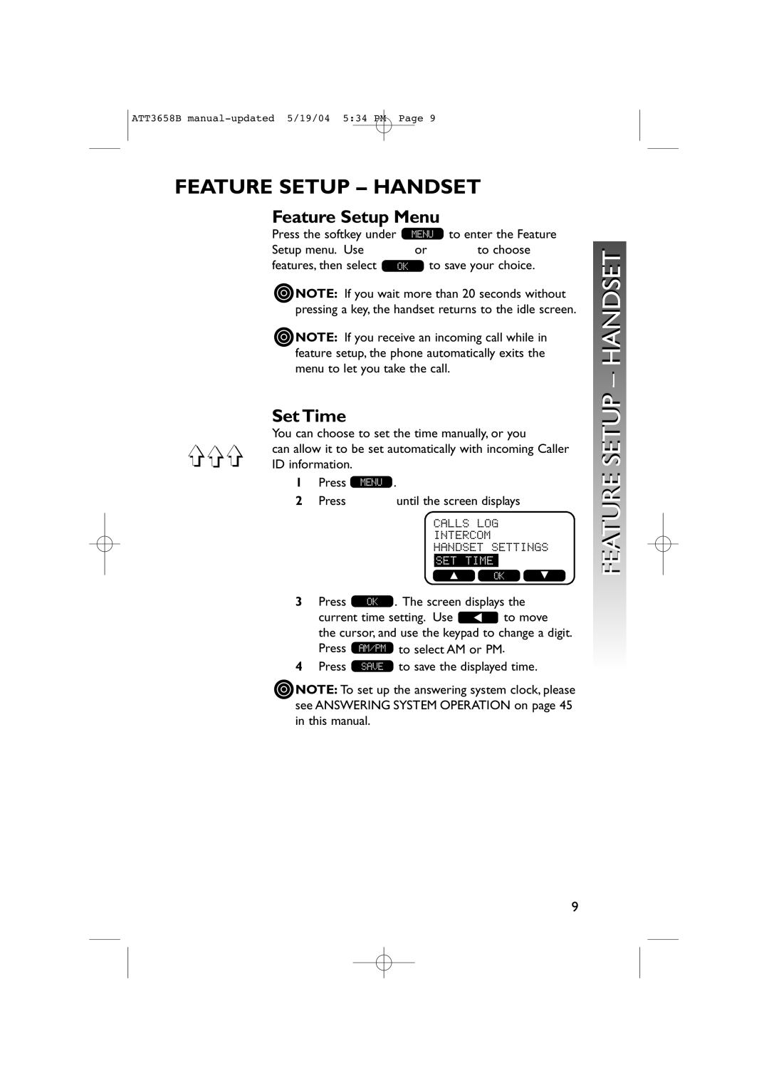 AT&T 3658B user manual Feature Setup Handset, Feature Setup Menu, Set Time 