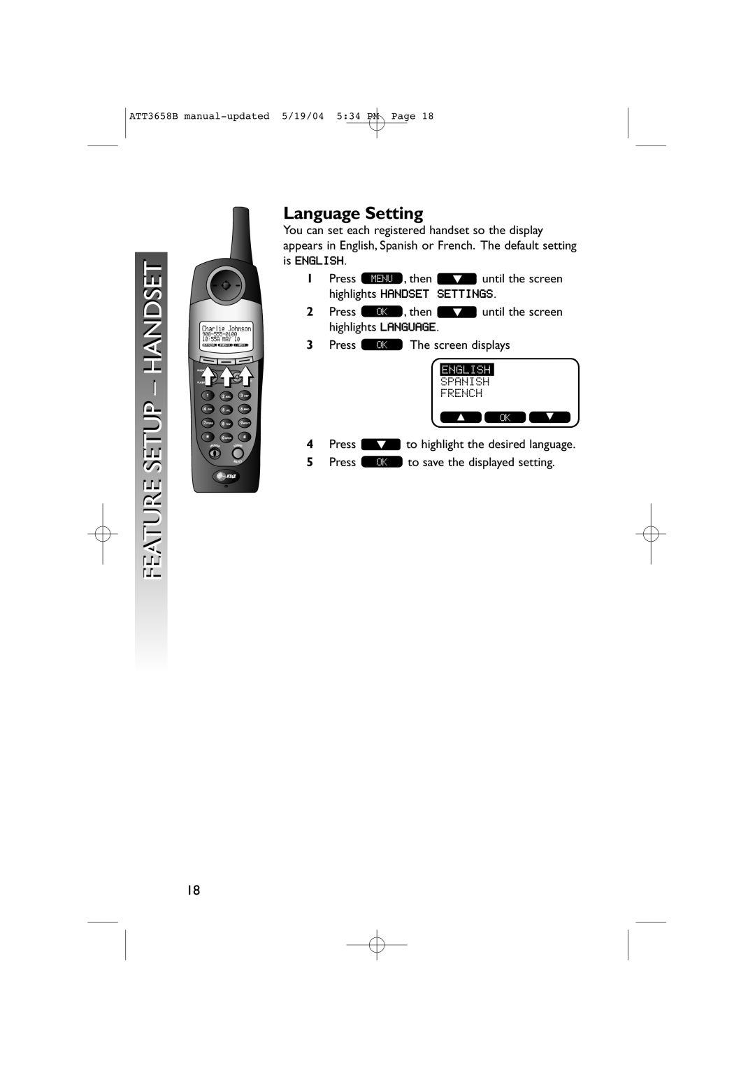 AT&T 3658B user manual Language Setting 