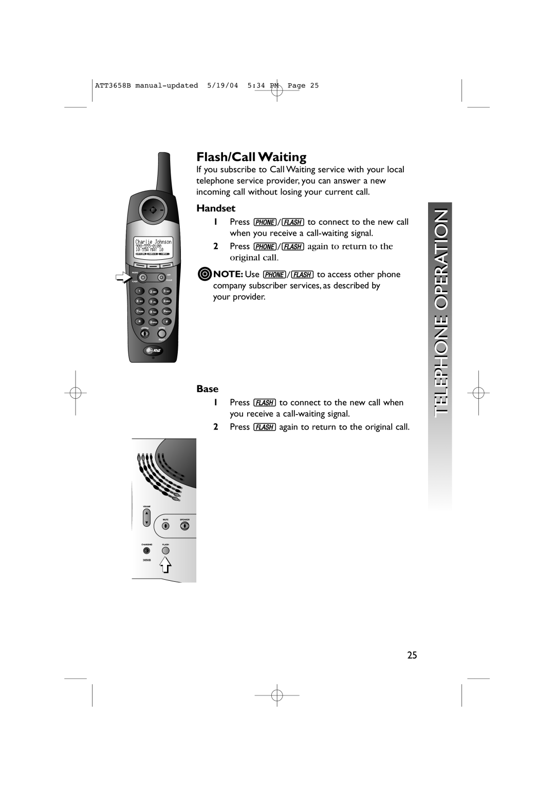 AT&T 3658B user manual Flash/Call Waiting, Base 