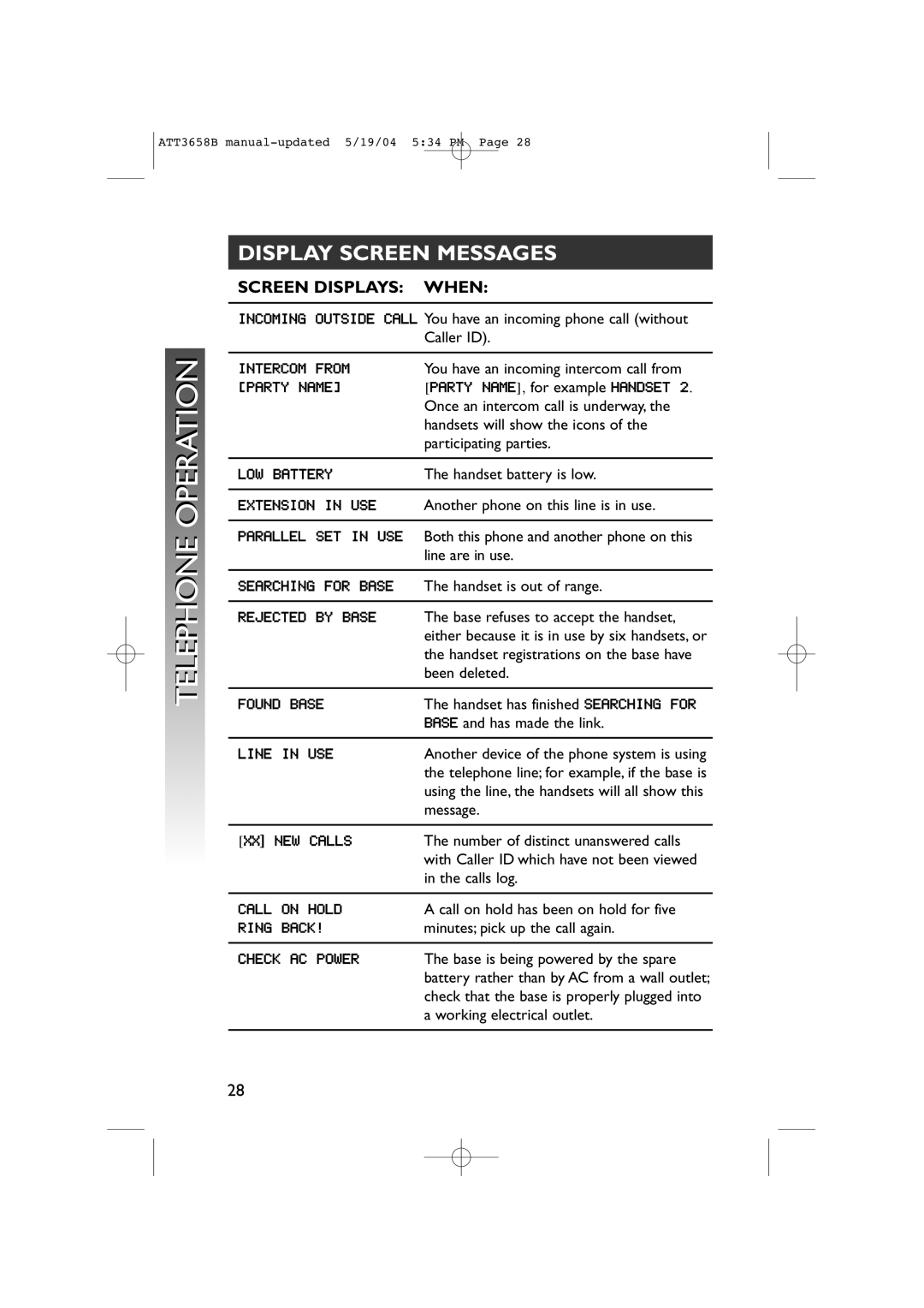 AT&T 3658B user manual Display Screen Messages, Screen Displays When 