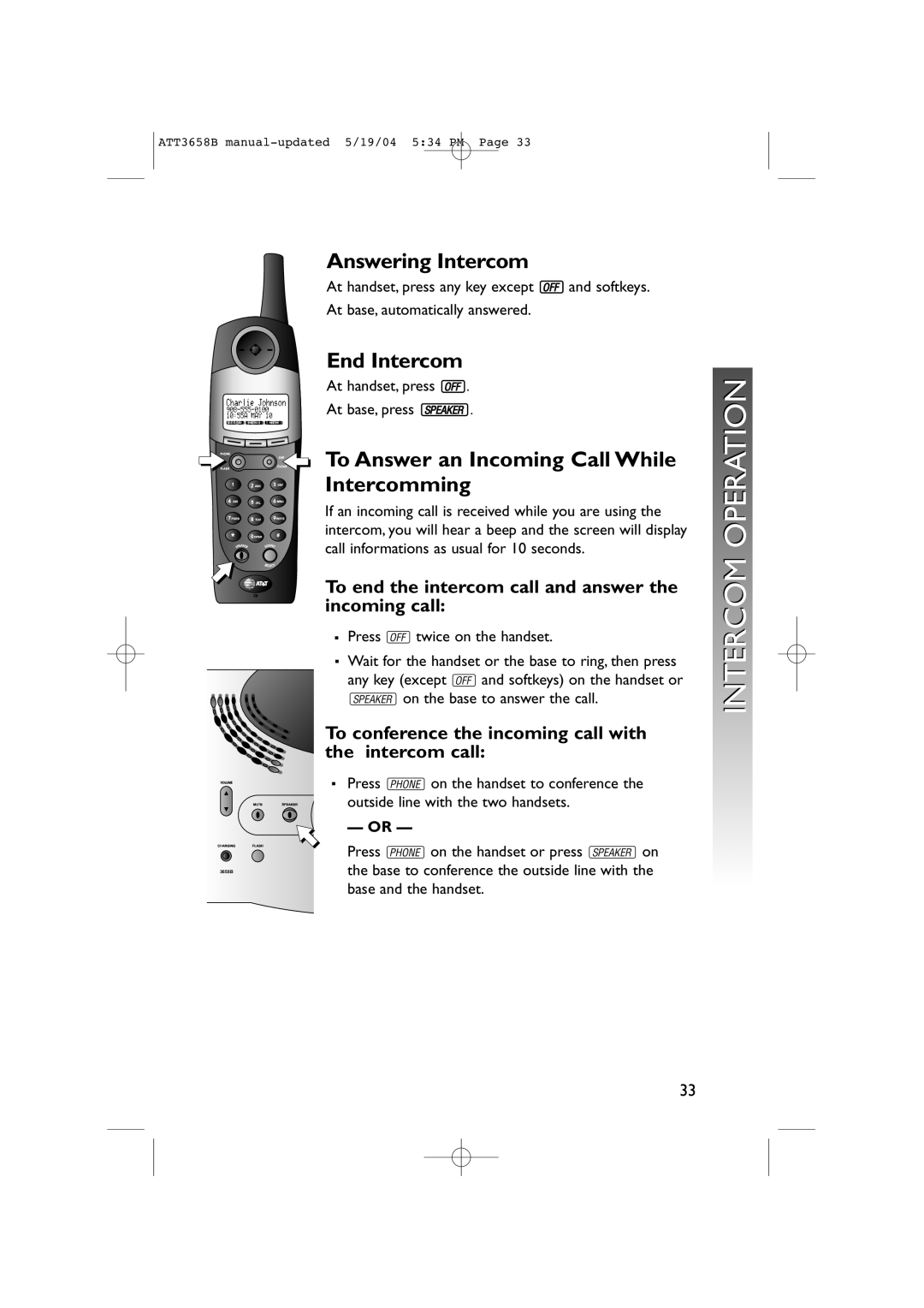 AT&T 3658B user manual Operation, Answering Intercom, End Intercom, Intercomming 