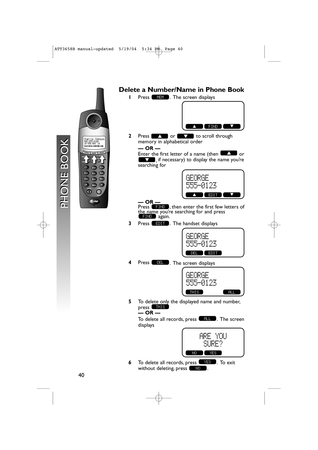 AT&T 3658B user manual Delete a Number/Name in Phone Book 