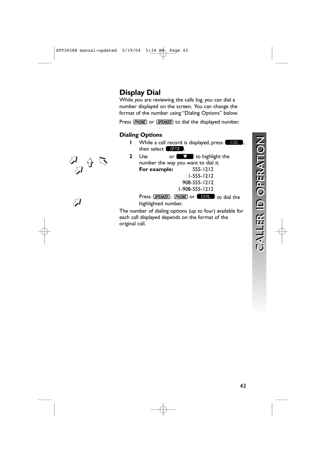 AT&T 3658B user manual Display Dial, Dialing Options 