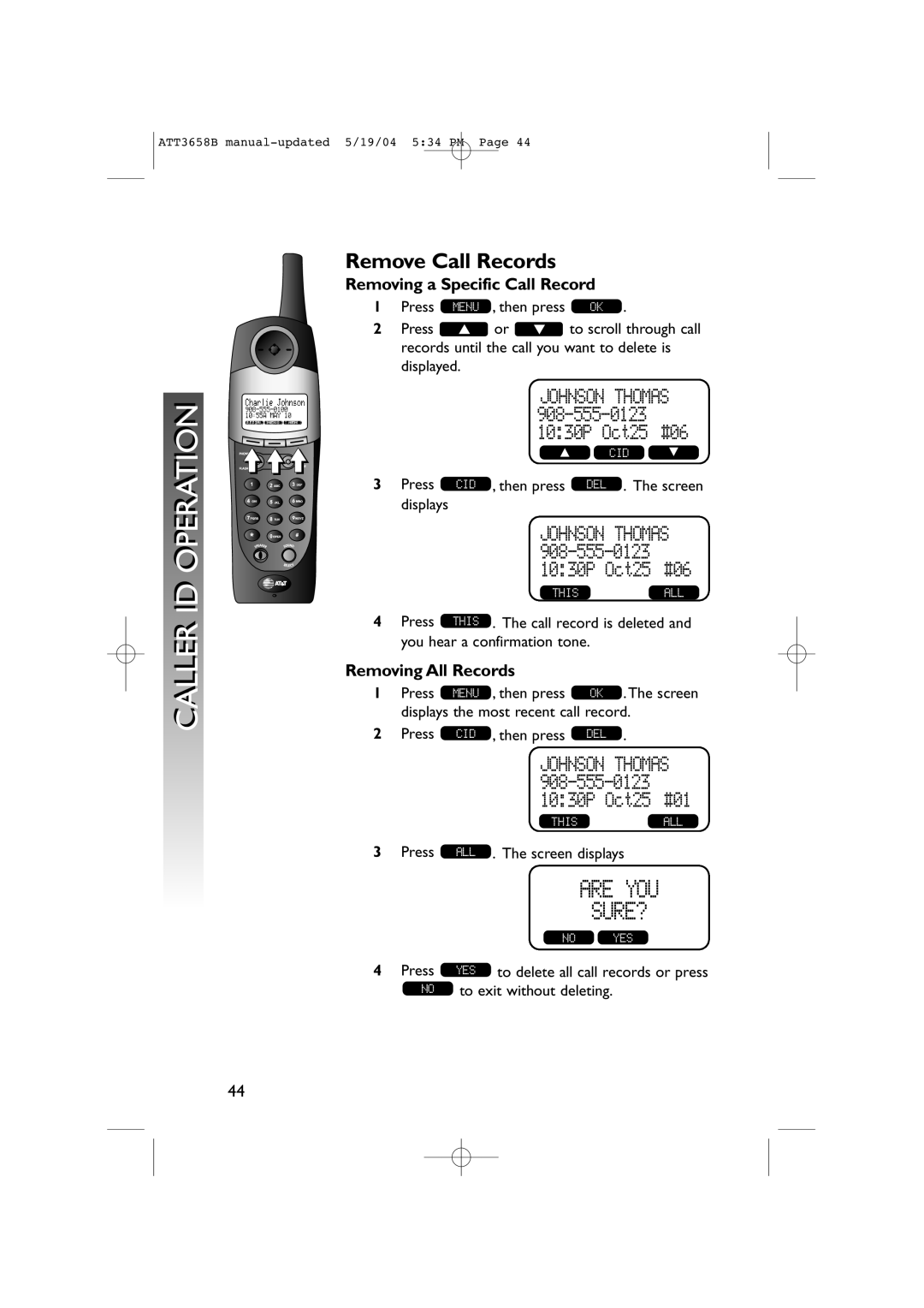 AT&T 3658B user manual Remove Call Records, Removing a Specific Call Record, Removing All Records 