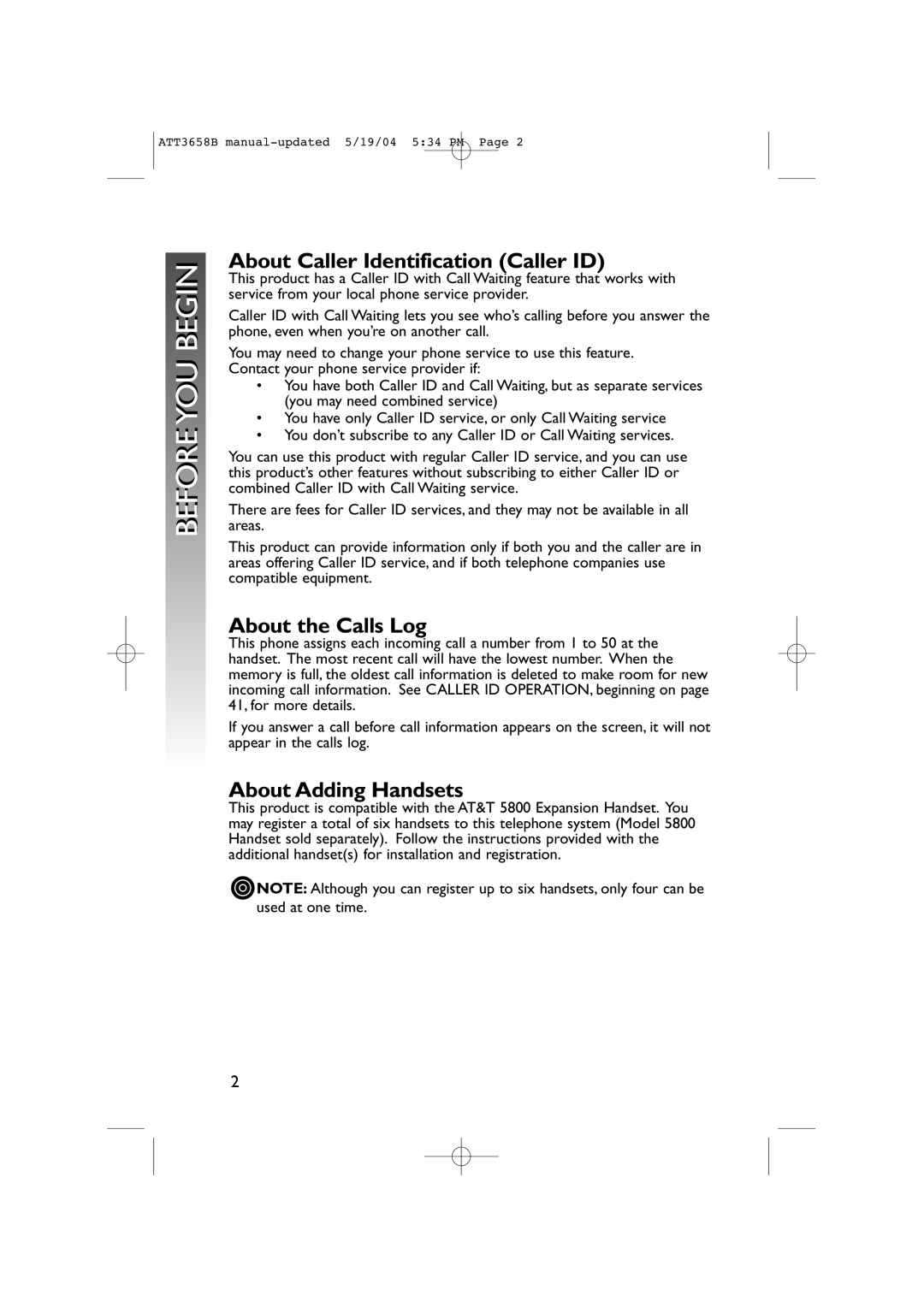 AT&T 3658B user manual Beforeyou Beginin, About Caller Identification Caller ID, About the Calls Log, About Adding Handsets 