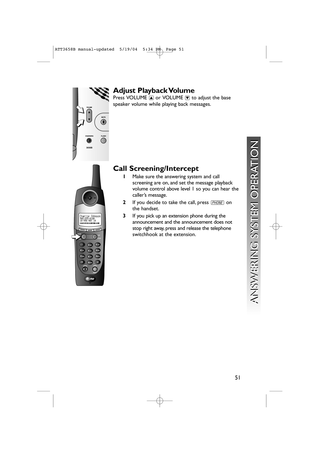 AT&T 3658B user manual Adjust Playback Volume, Call Screening/Intercept 