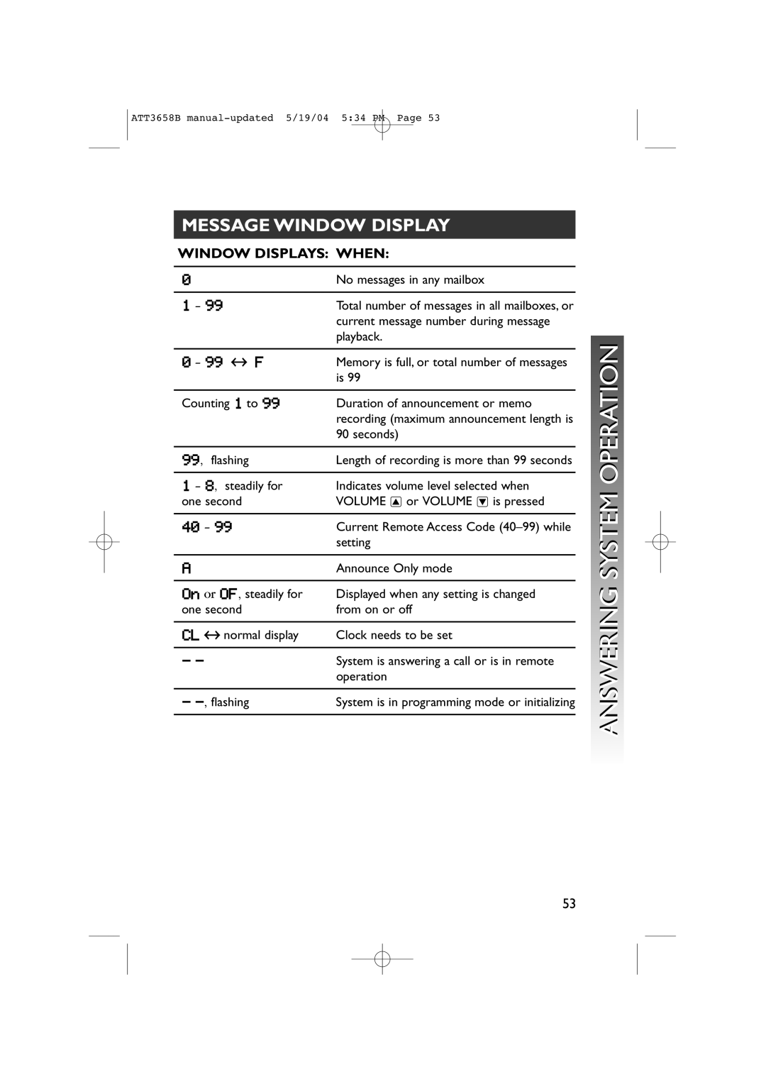 AT&T 3658B user manual Message Window Display, Window Displays When 