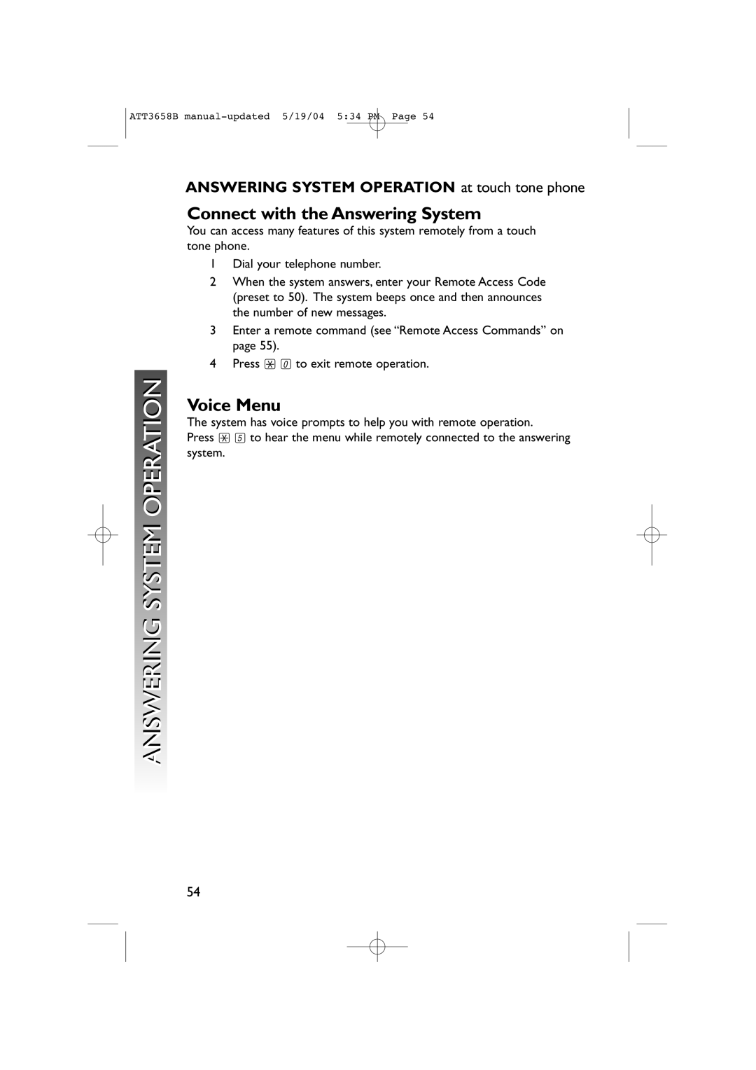 AT&T 3658B user manual Connect with the Answering System, Voice Menu 