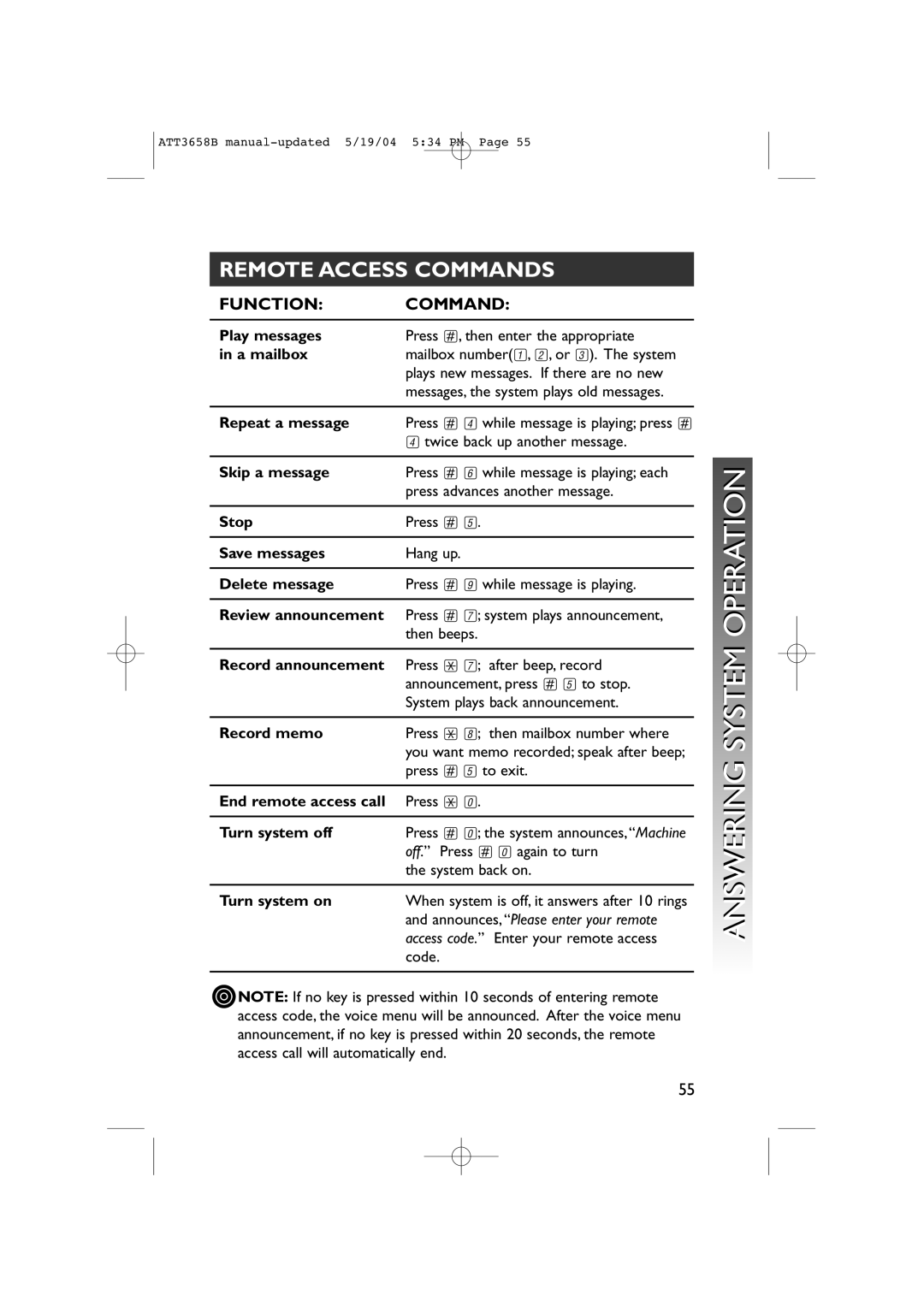 AT&T 3658B user manual Remote Access Commands, Function Command 