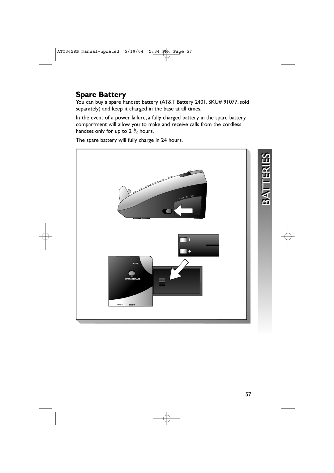 AT&T 3658B user manual Batteries, Spare Battery 