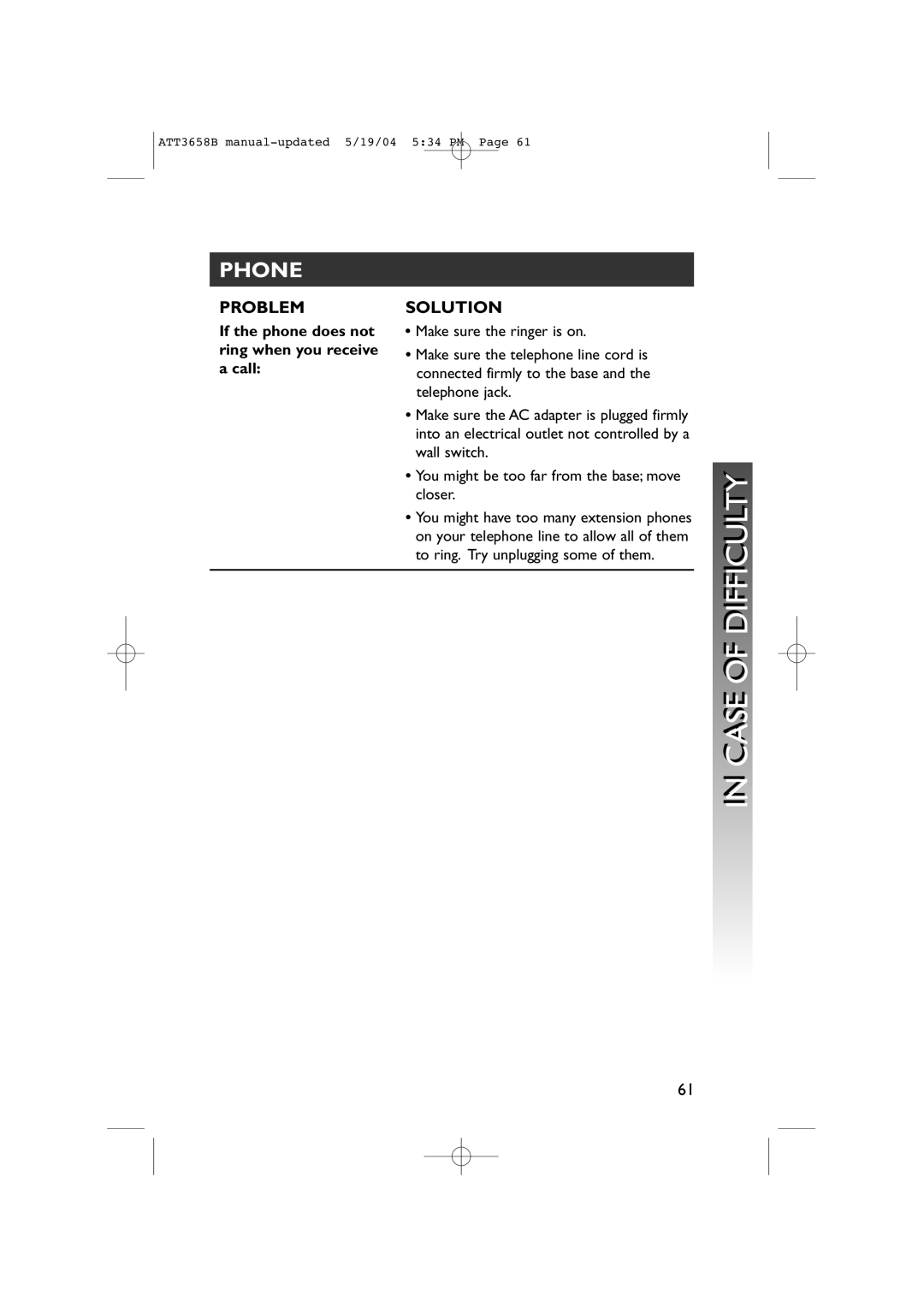 AT&T 3658B user manual Inin Case of Difficultyi, If the phone does not ring when you receive a call 