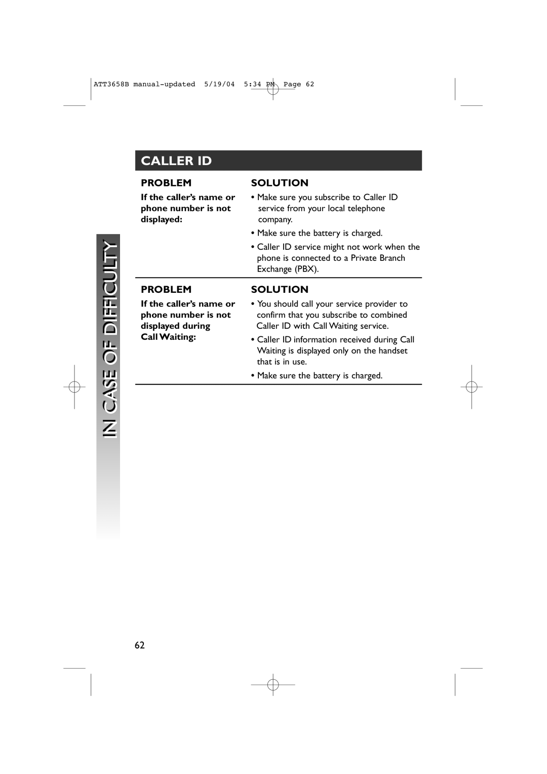 AT&T 3658B user manual Caller ID, If the caller’s name or phone number is not displayed 