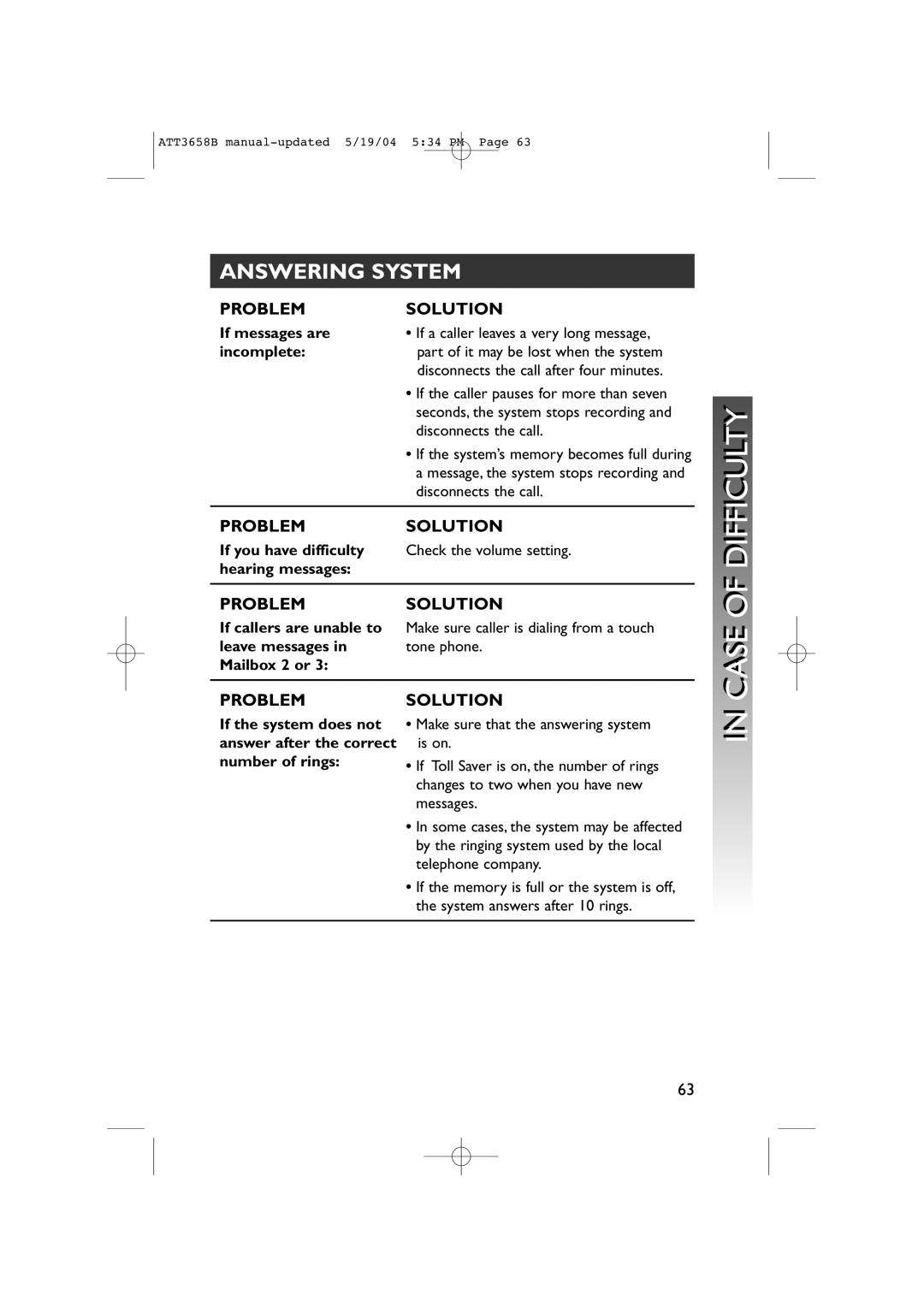 AT&T 3658B Case of Difficultyi, Answering System, If messages are, Incomplete, Leave messages Tone phone Mailbox 2 or 