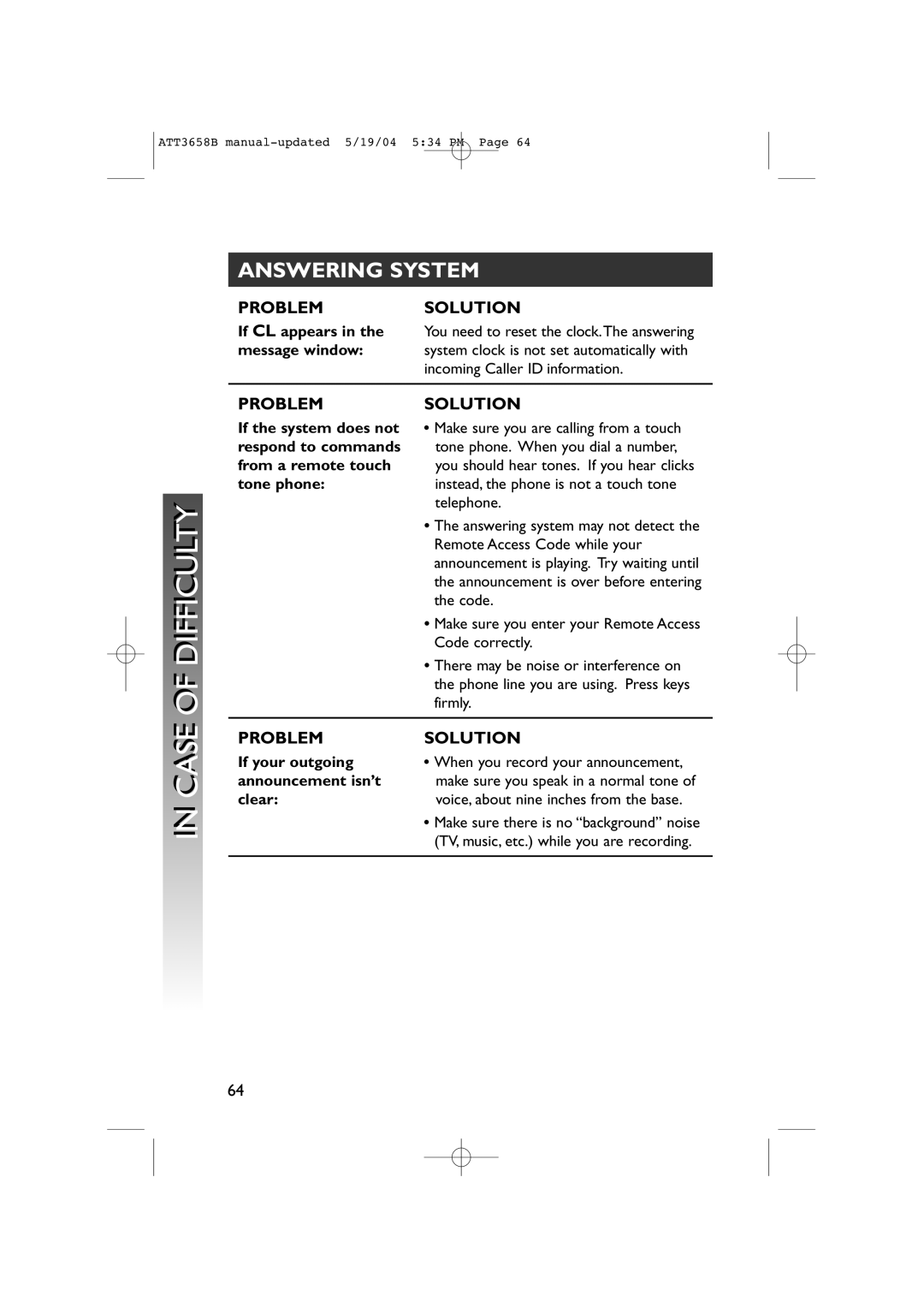 AT&T 3658B If the system does not, Respond to commands, From a remote touch, TV, music, etc. while you are recording 