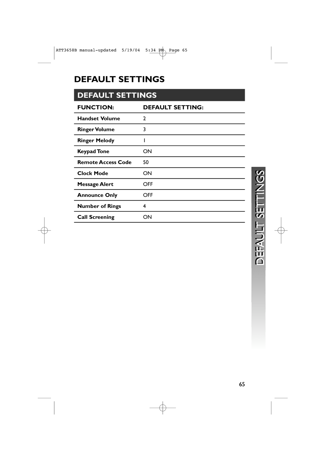 AT&T 3658B user manual Default Settings, Function Default Setting 