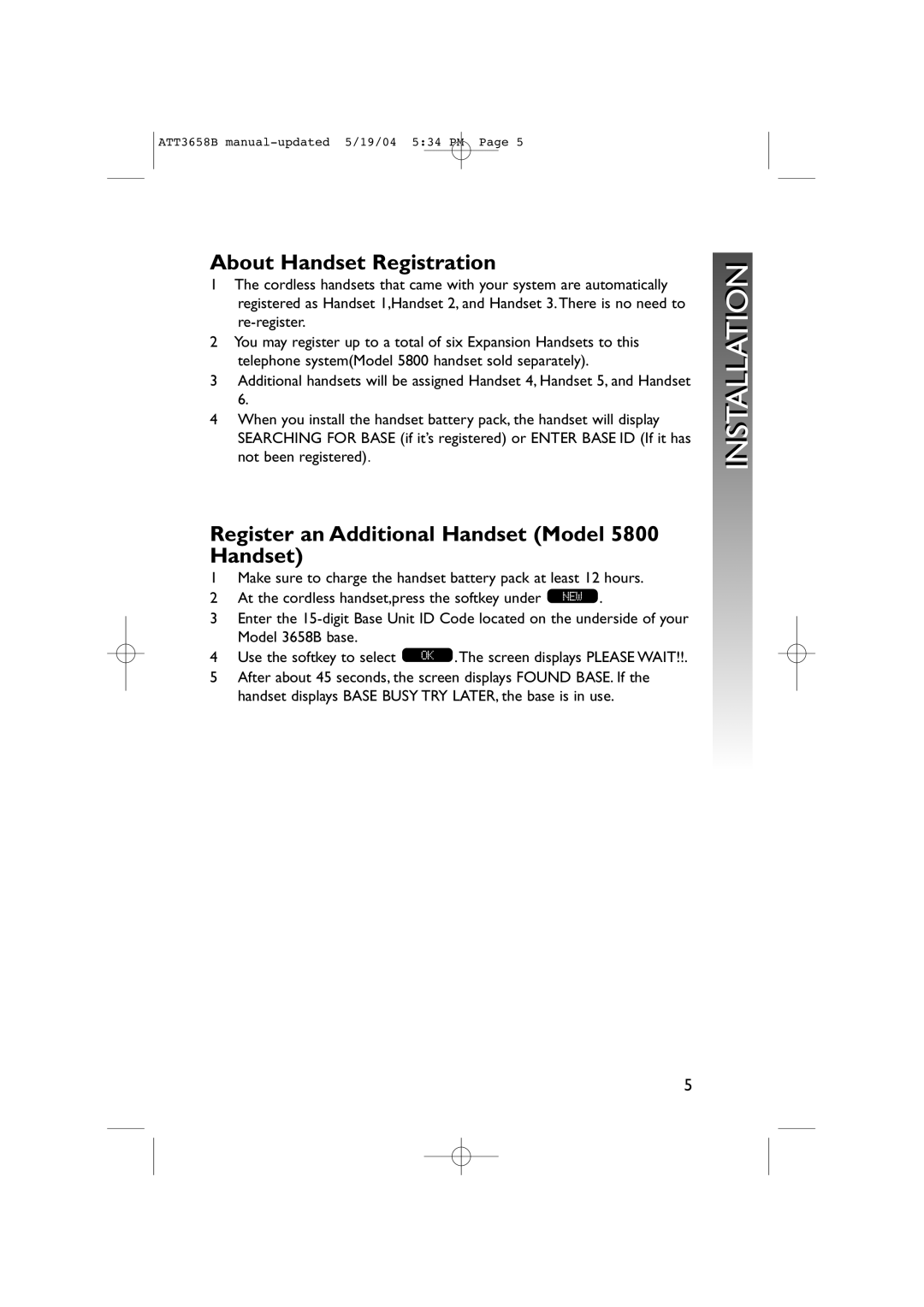 AT&T 3658B user manual About Handset Registration, Register an Additional Handset Model 5800 Handset 