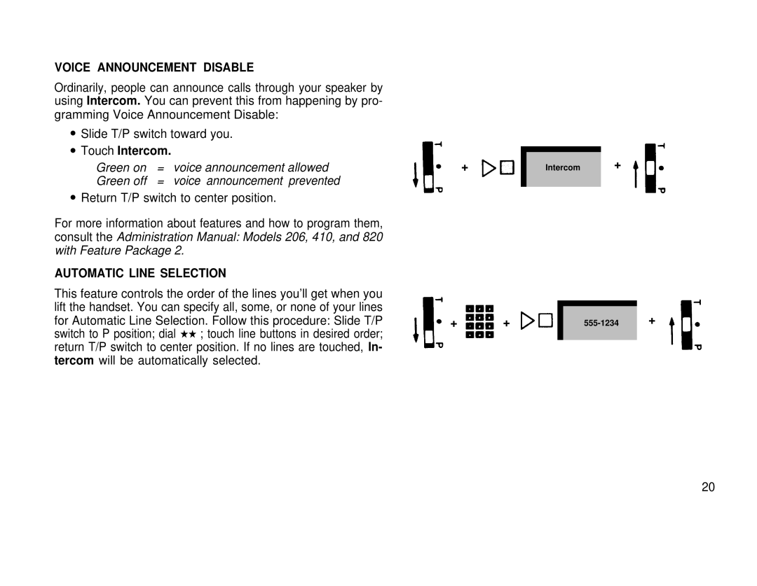 AT&T 410 820 manual Voice Announcement Disable, Touch Intercom, Automatic Line Selection 