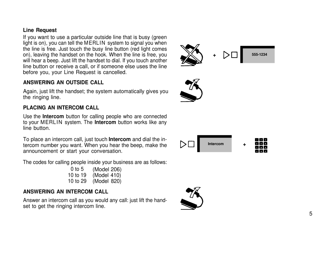 AT&T 410 820 manual Line Request, Answering AN Outside Call, Placing AN Intercom Call, Answering AN Intercom Call 