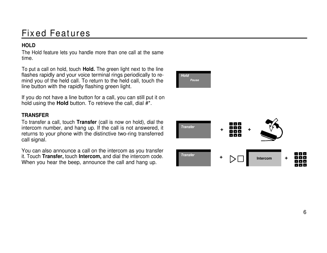 AT&T 410 820 manual Fixed Features, Hold, Transfer 