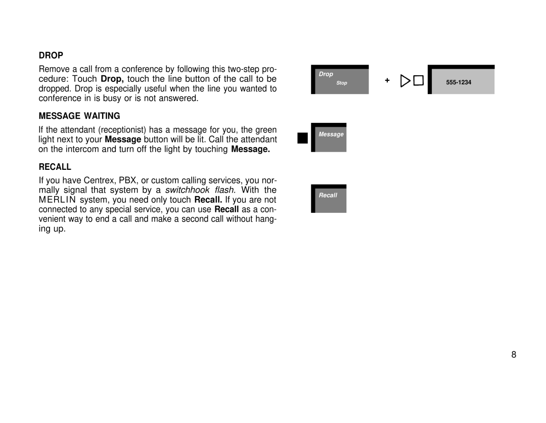 AT&T 410 820 manual Drop, Message Waiting, Recall 