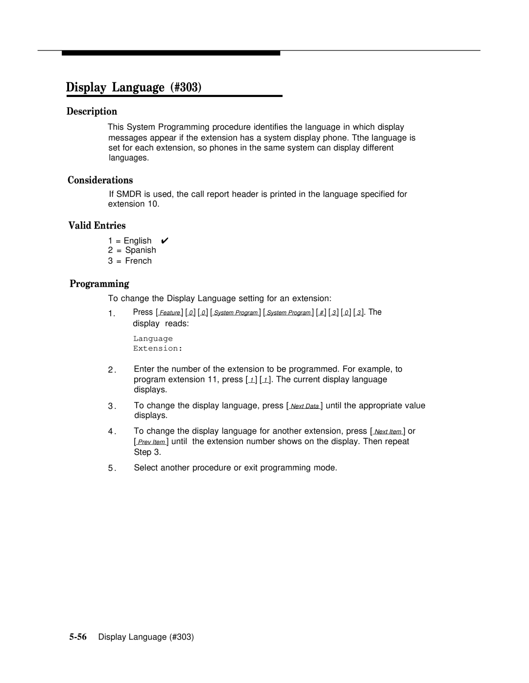 AT&T 518-455-317 manual Display Language #303, Considerations Valid Entries 