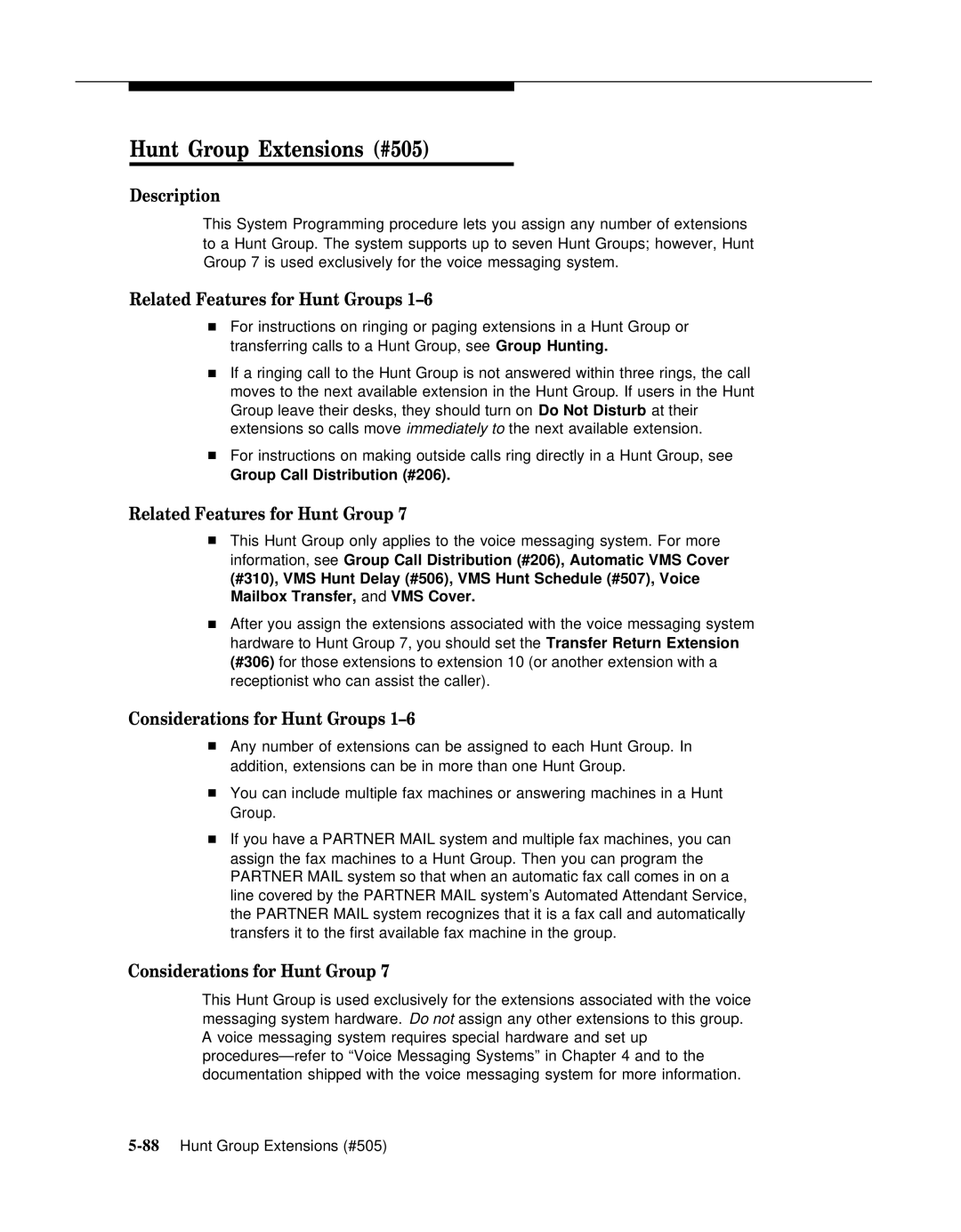 AT&T 518-455-317 manual Hunt Group Extensions #505, Related Features for Hunt Groups, Considerations for Hunt Groups 