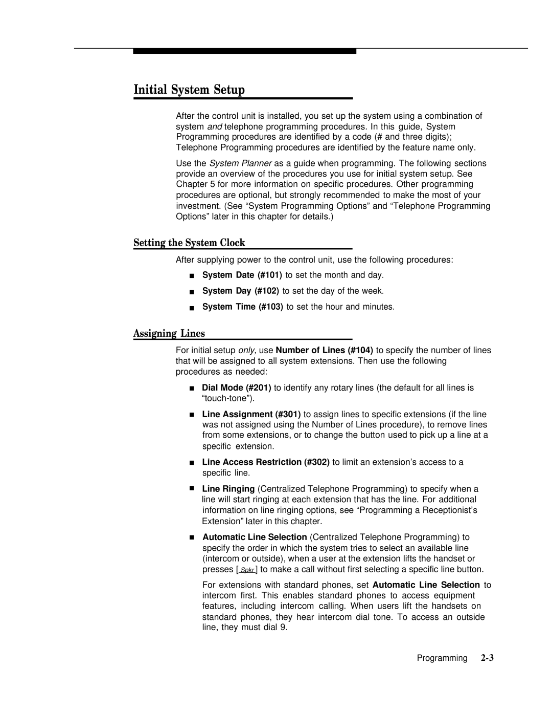 AT&T 518-455-317 manual Initial System Setup, Setting the System Clock, Assigning Lines 