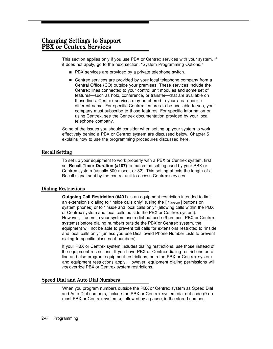 AT&T 518-455-317 manual Changing Settings to Support PBX or Centrex Services, Recall Setting, Dialing Restrictions 