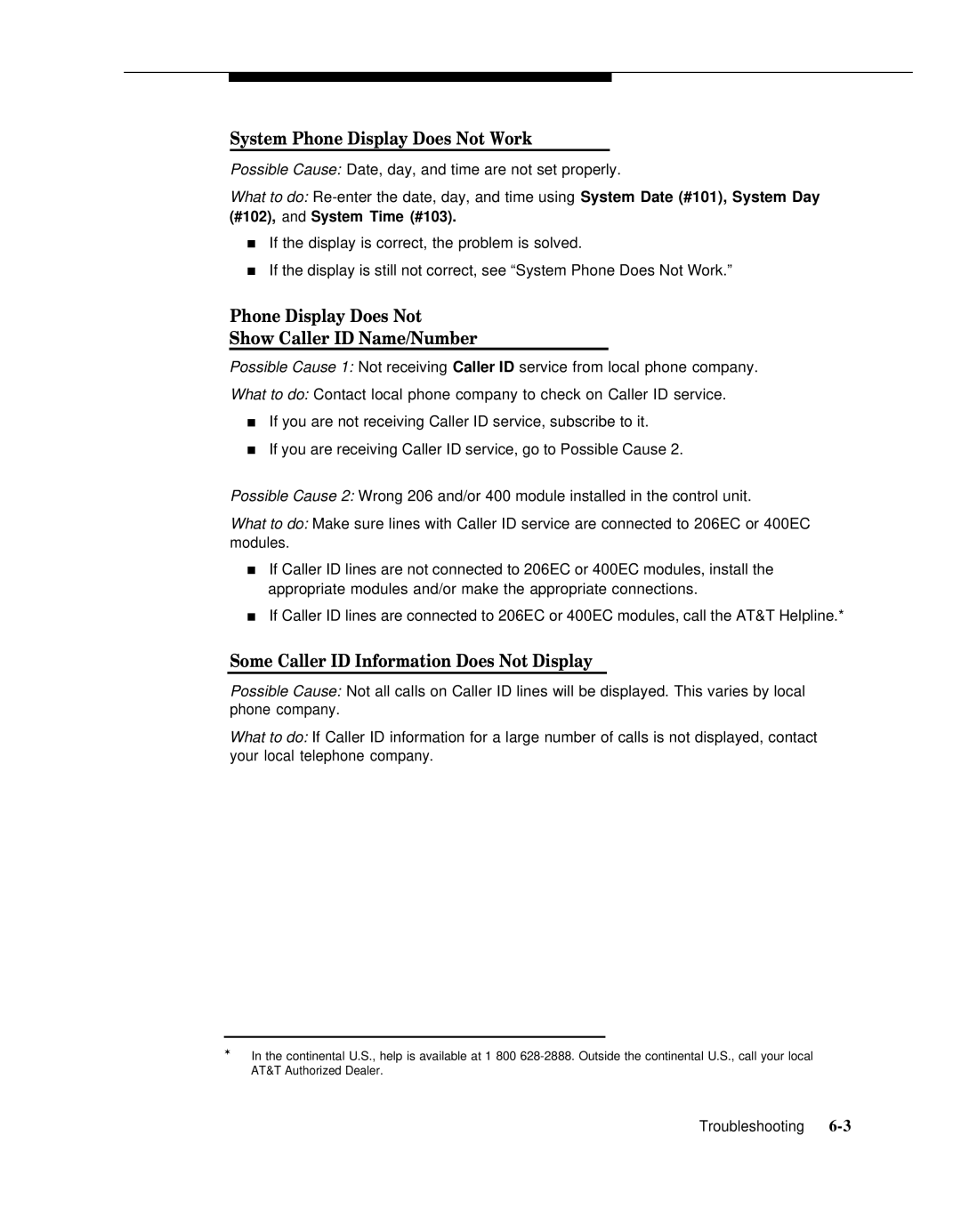 AT&T 518-455-317 manual System Phone Display Does Not Work, Phone Display Does Not Show Caller ID Name/Number 