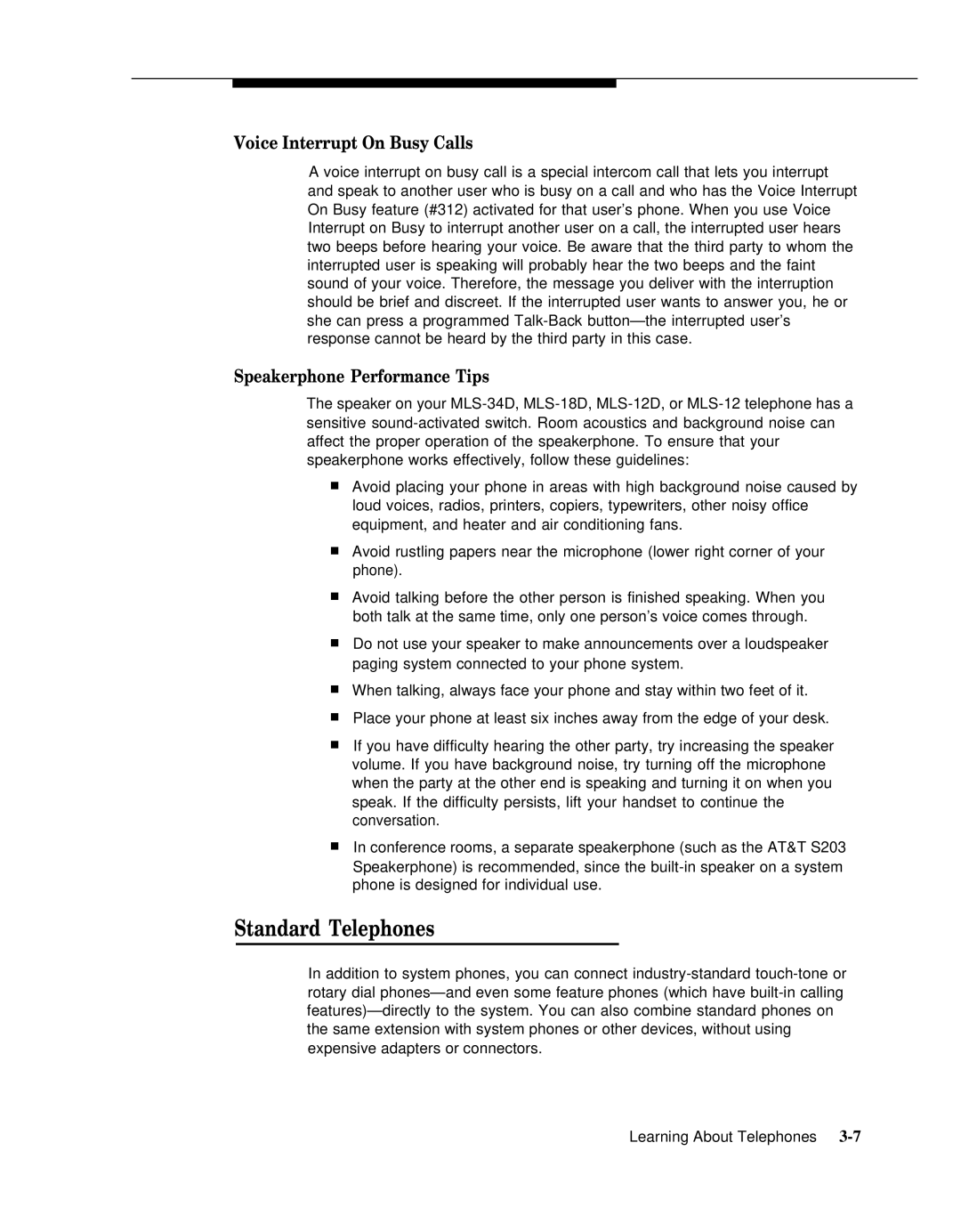 AT&T 518-455-317 manual Standard Telephones, Voice Interrupt On Busy Calls, Speakerphone Performance Tips 