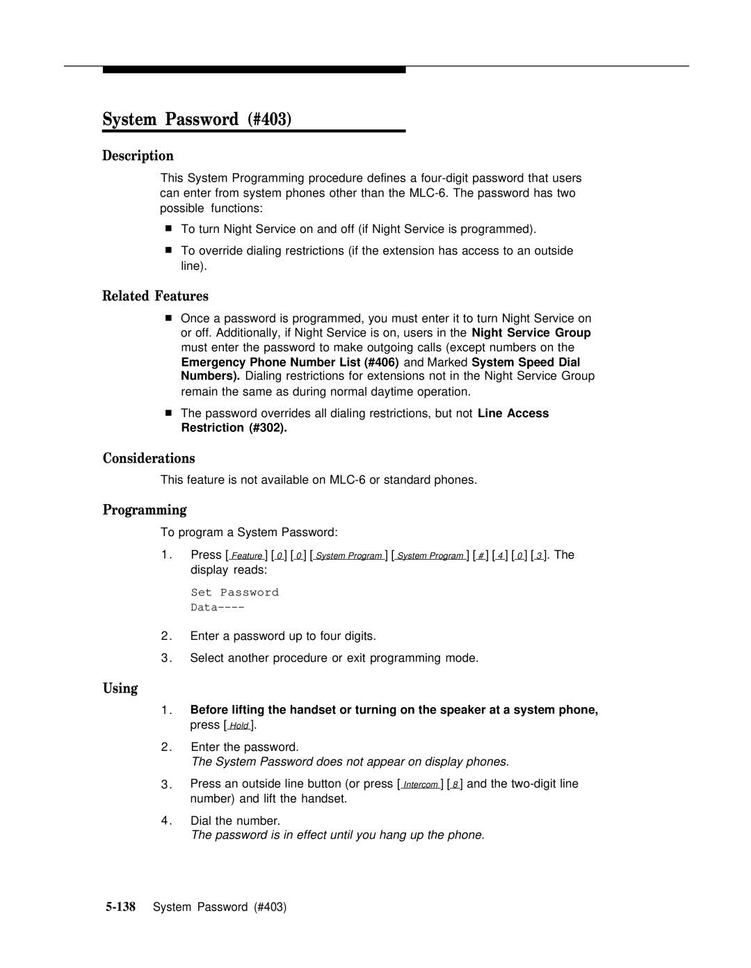 AT&T 518-455-317 manual System Password #403, System Password does not appear on display phones 