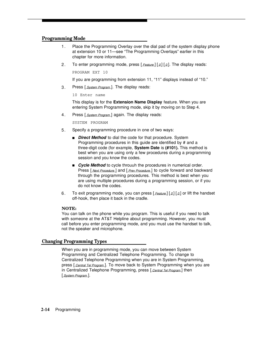 AT&T 518-455-317 manual Programming Mode, Changing Programming Types 