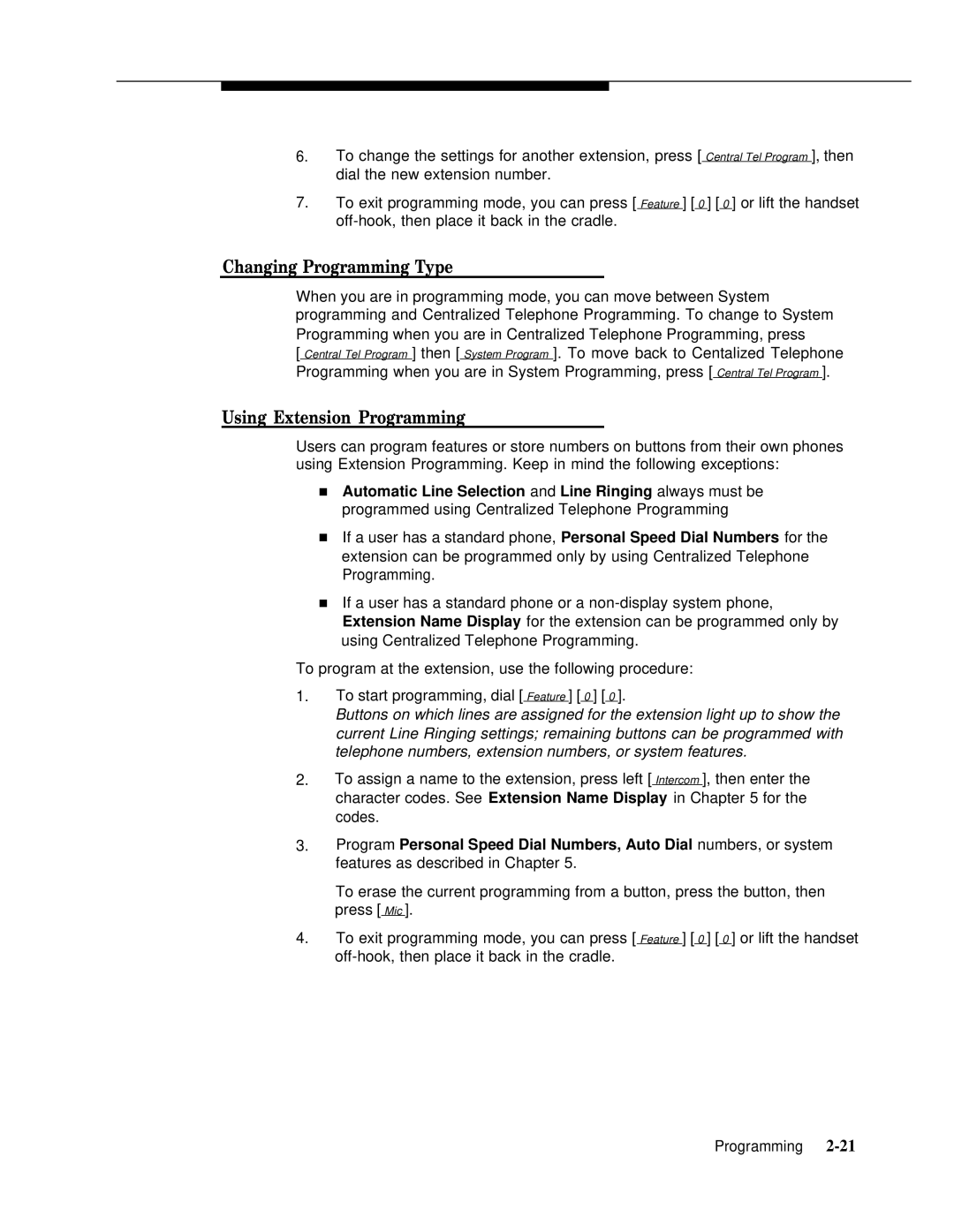 AT&T 518-455-317 manual Changing Programming Type, Using Extension Programming 